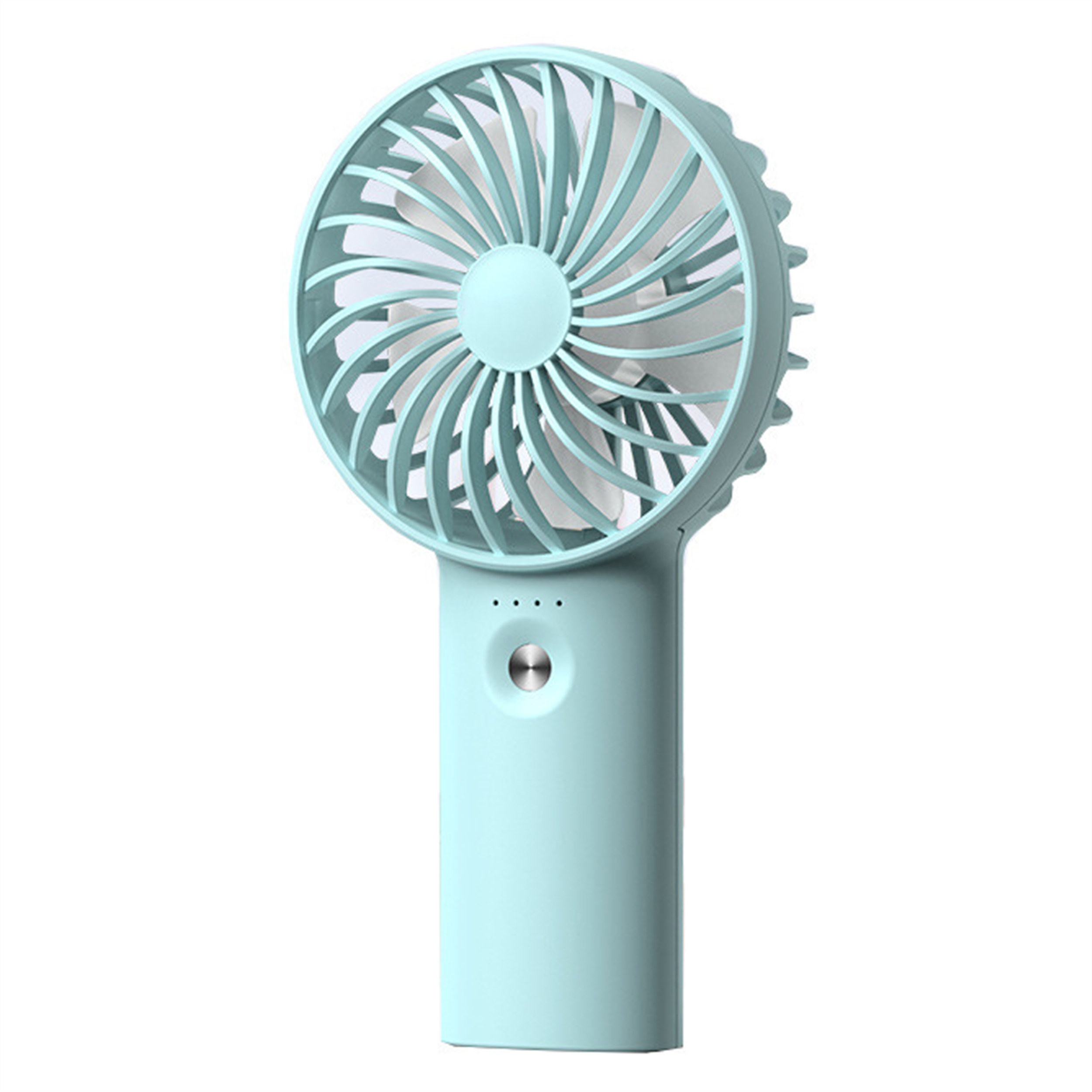 Ein hellblaues Handheld-Ventilator mit rundem Lüfter und Griff.