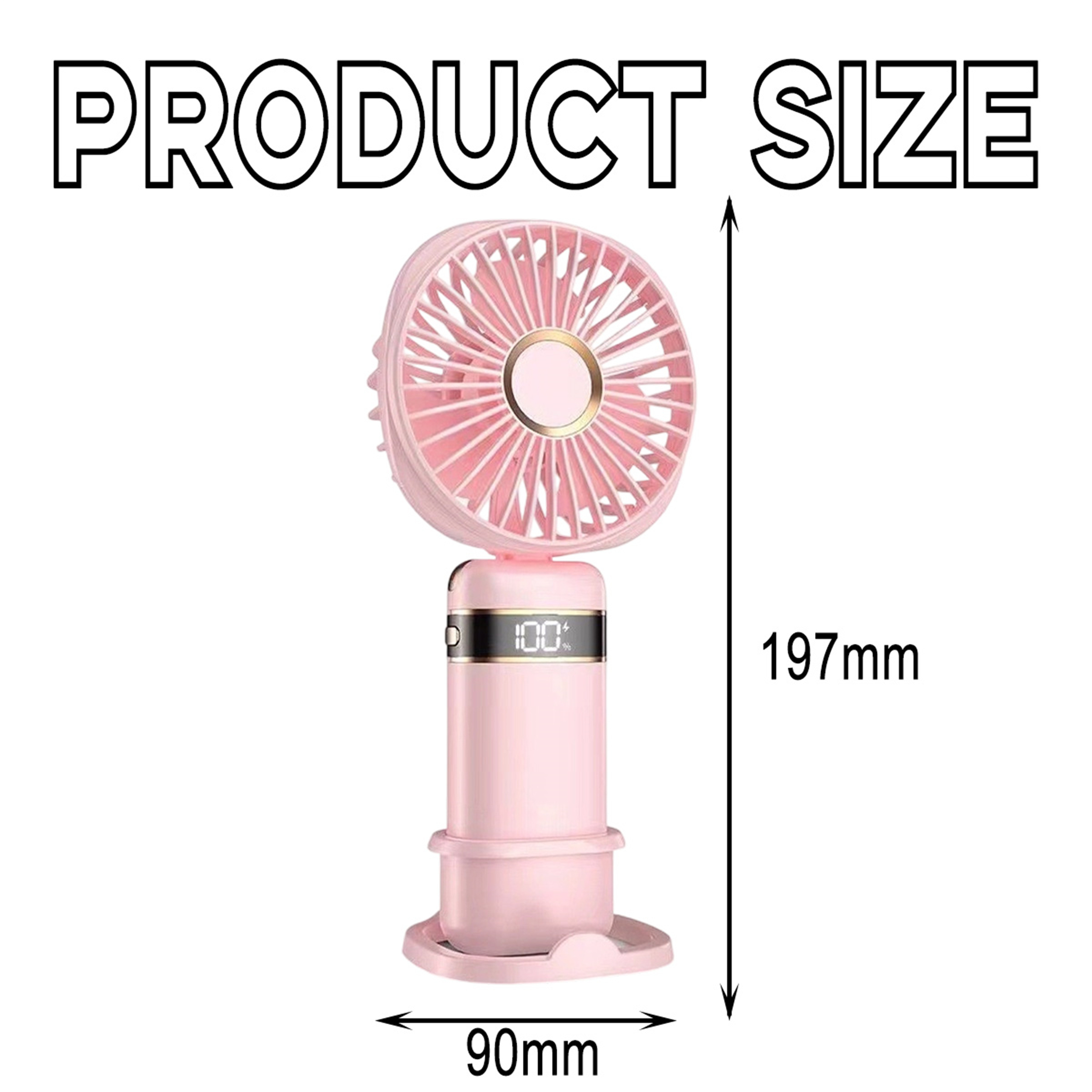 Ein rosa Handventilator mit Ständer, zeigt Produktabmessungen: 197 mm x 90 mm.