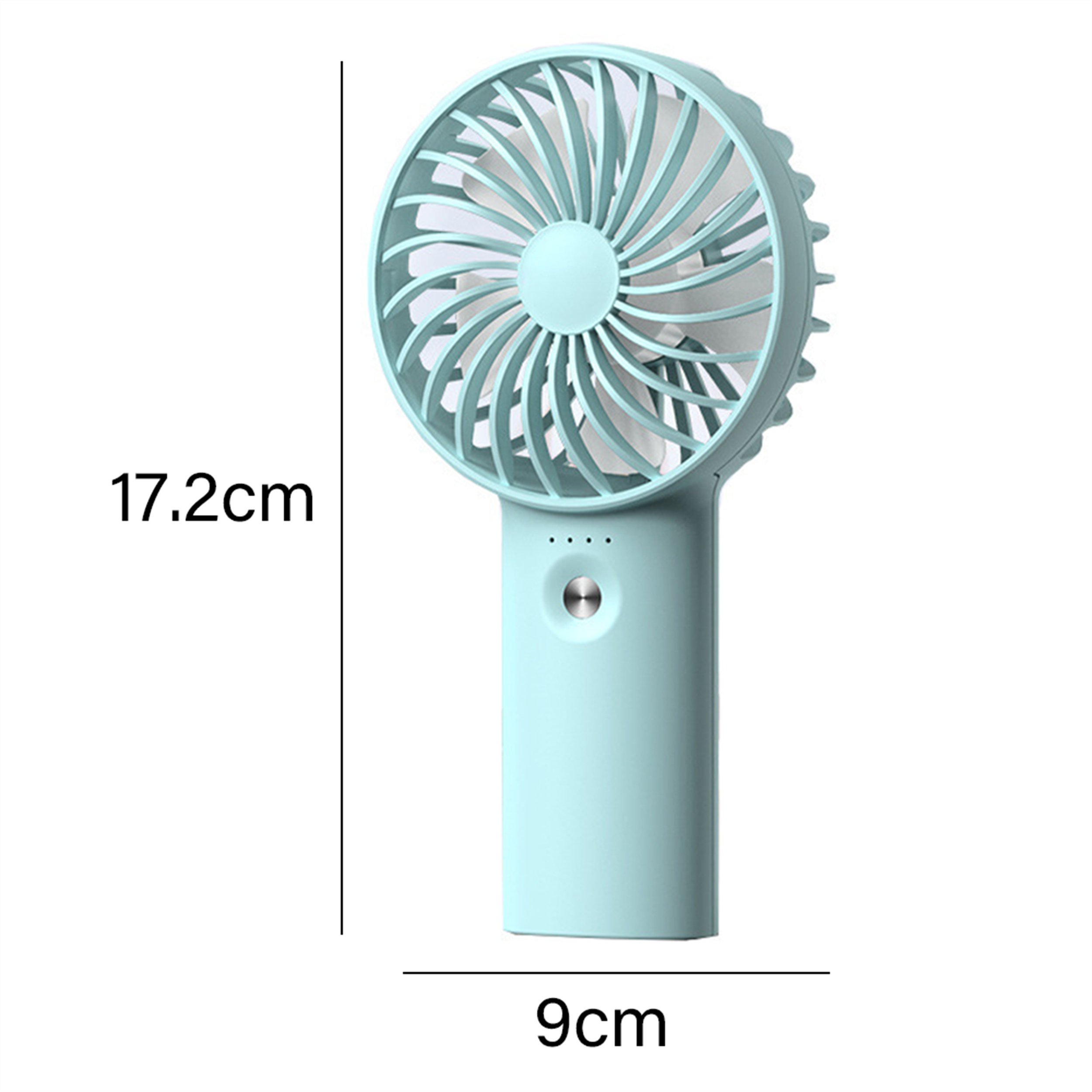 Ein hellblauer Handventilator, Maße sind auf weißem Hintergrund angegeben. Er hat einen Griff.