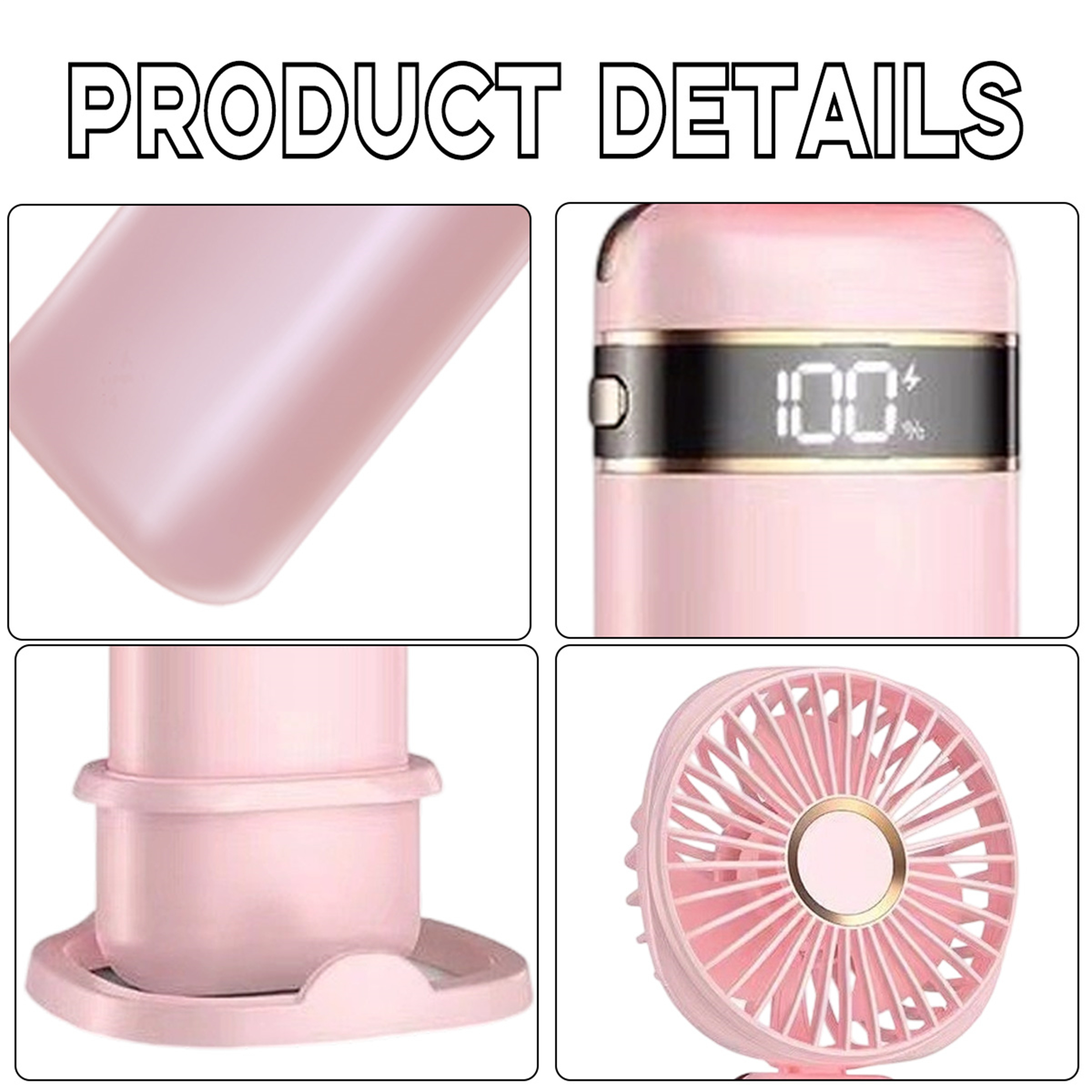 Nahaufnahmen von Details eines rosa Mini-Ventilators. Enthält Akku, Ladeanschluss und Lüfterblätter.