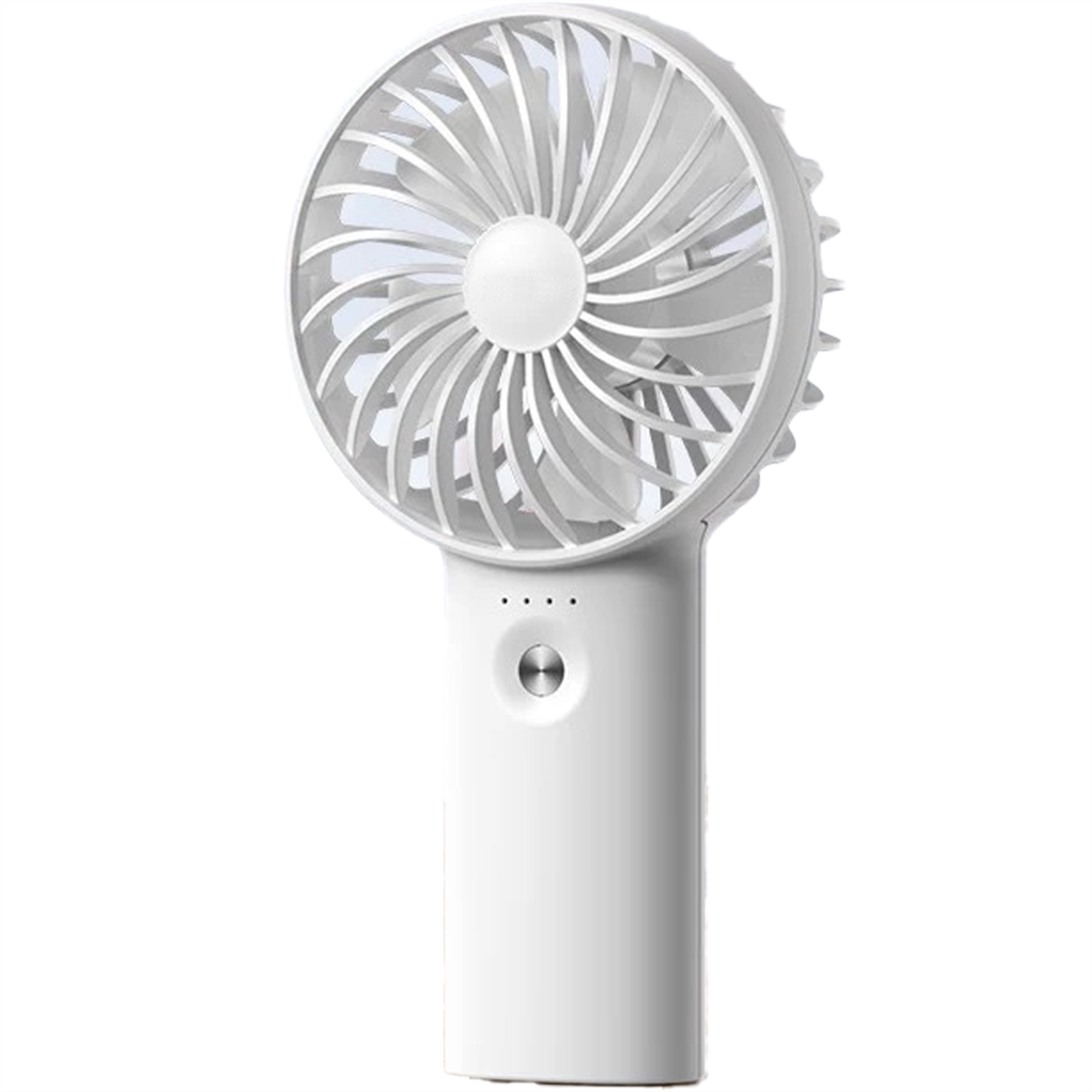 Ein weißer Handventilator mit rundem Lüfter und Griff.
