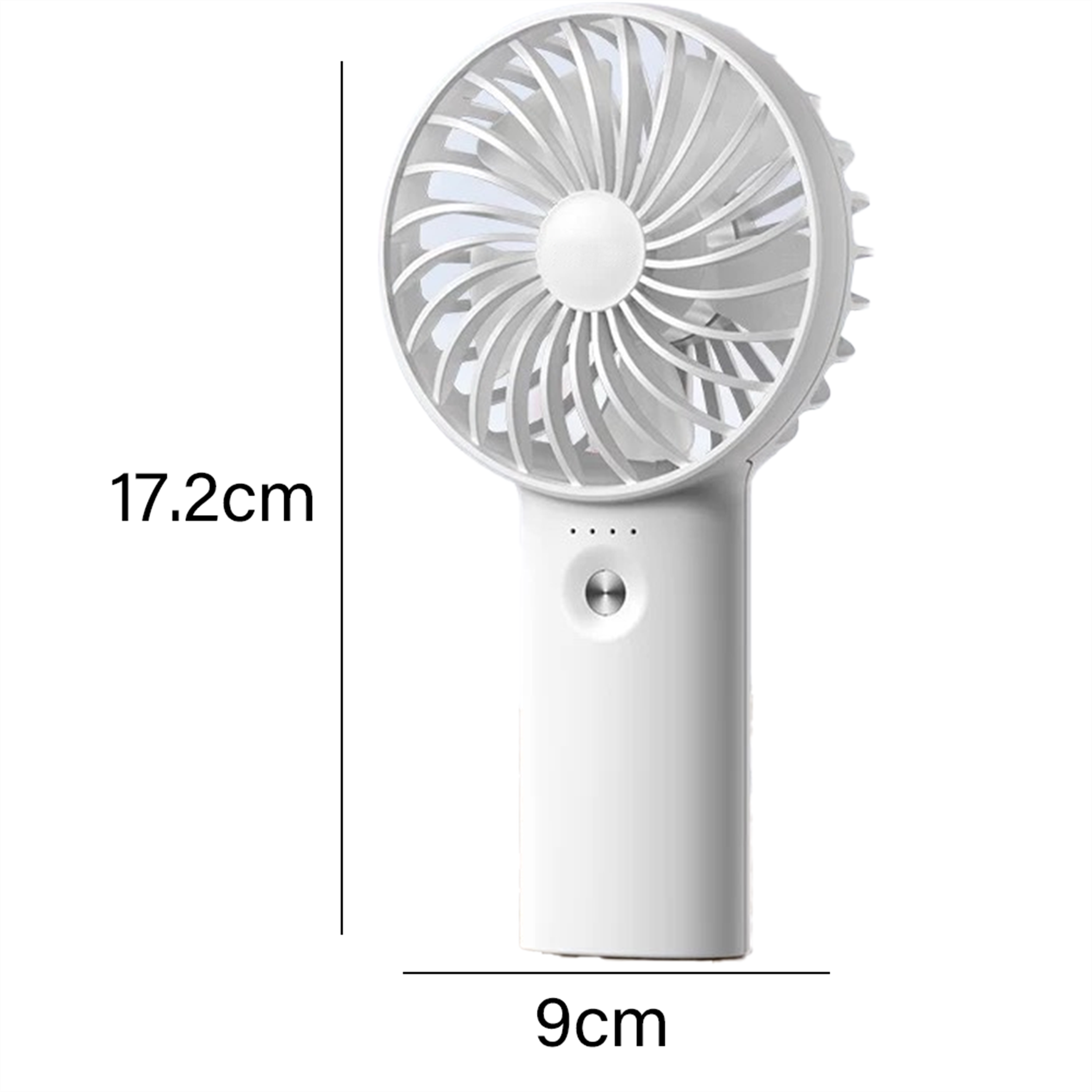 Ein weißer Handventilator mit den Abmessungen 17,2 cm x 9 cm.