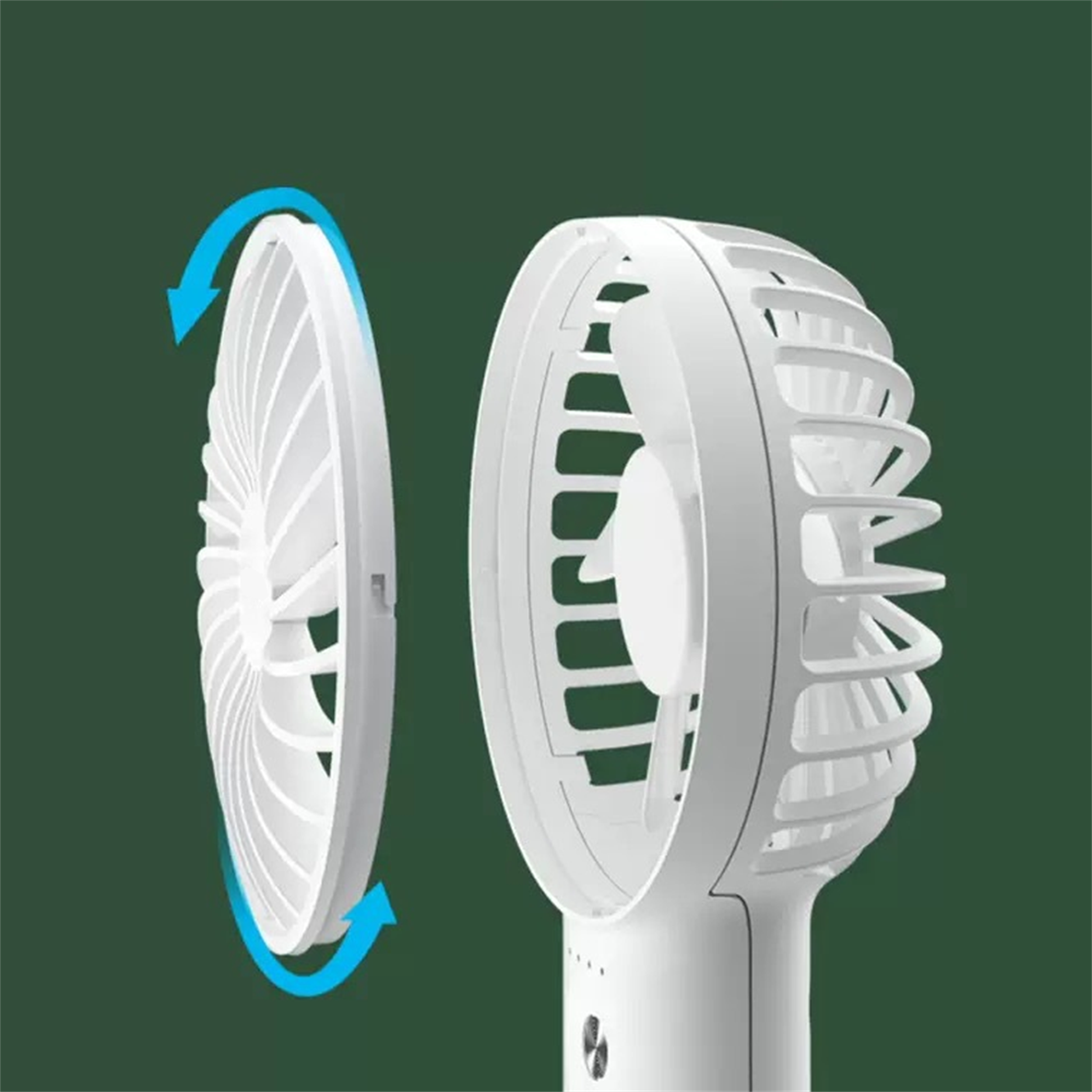 Ein weißer Handventilator mit abnehmbarer Lüfterabdeckung.