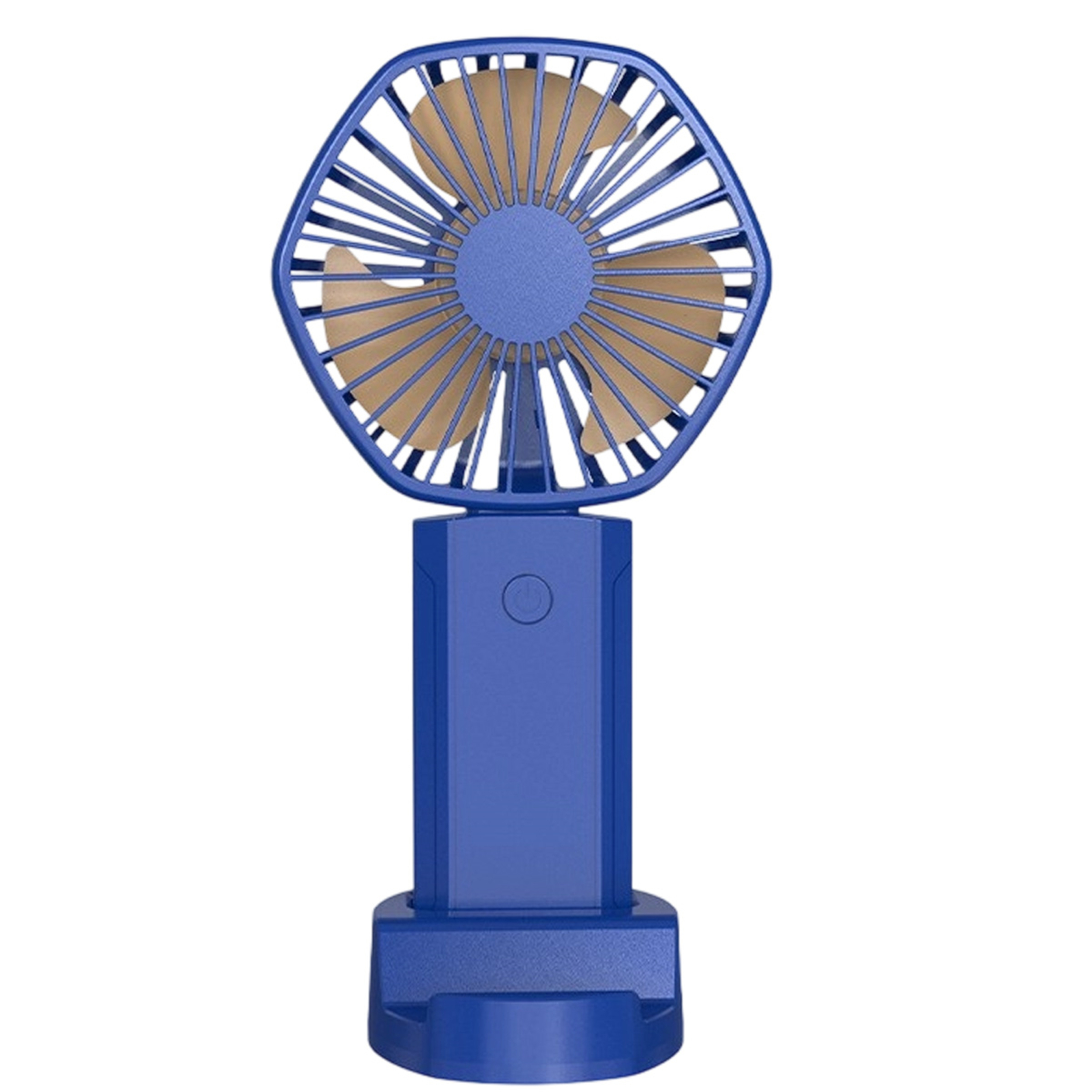 Ein blau-weißer Mini-Ventilator mit sechseckigem Rahmen. Der Ventilator steht auf weißem Hintergrund.
