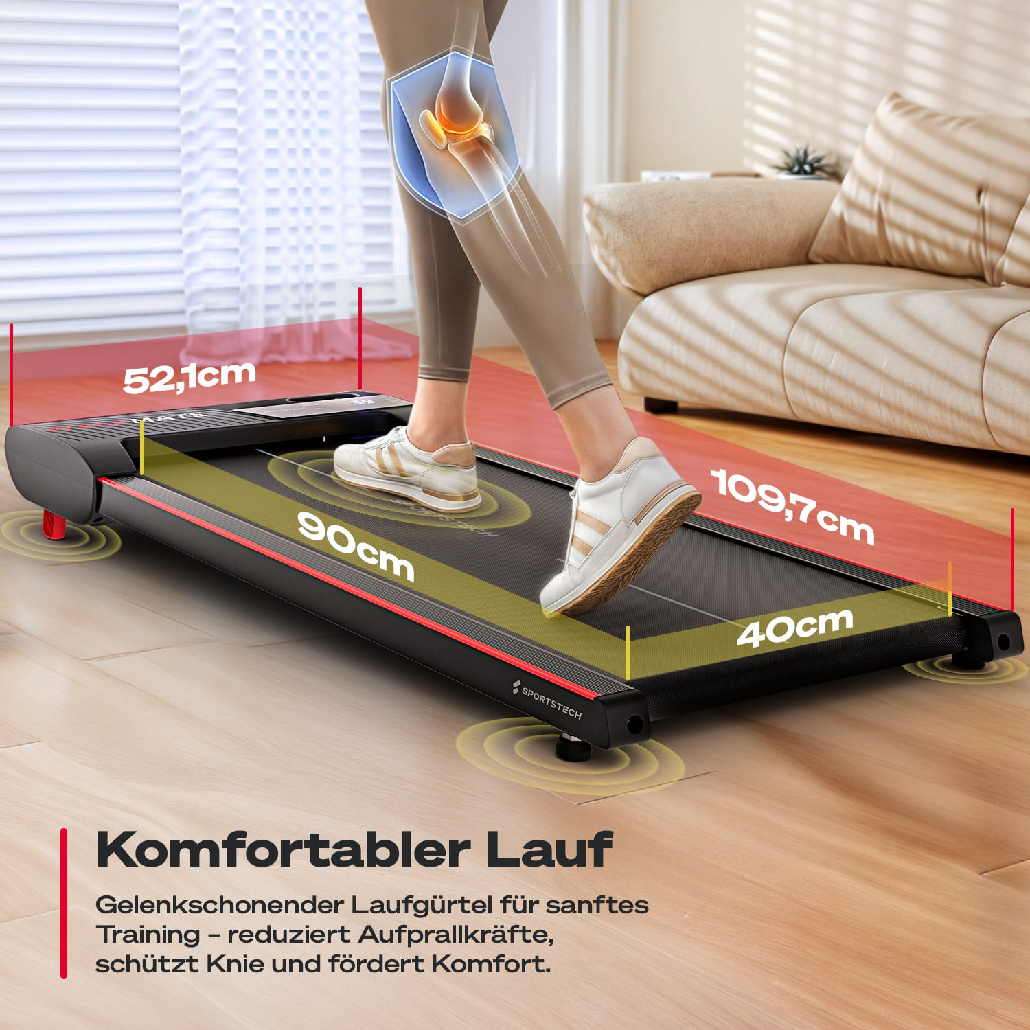 Eine Person geht auf einem Laufband und zeigt Knieschutz mit Maßangaben.