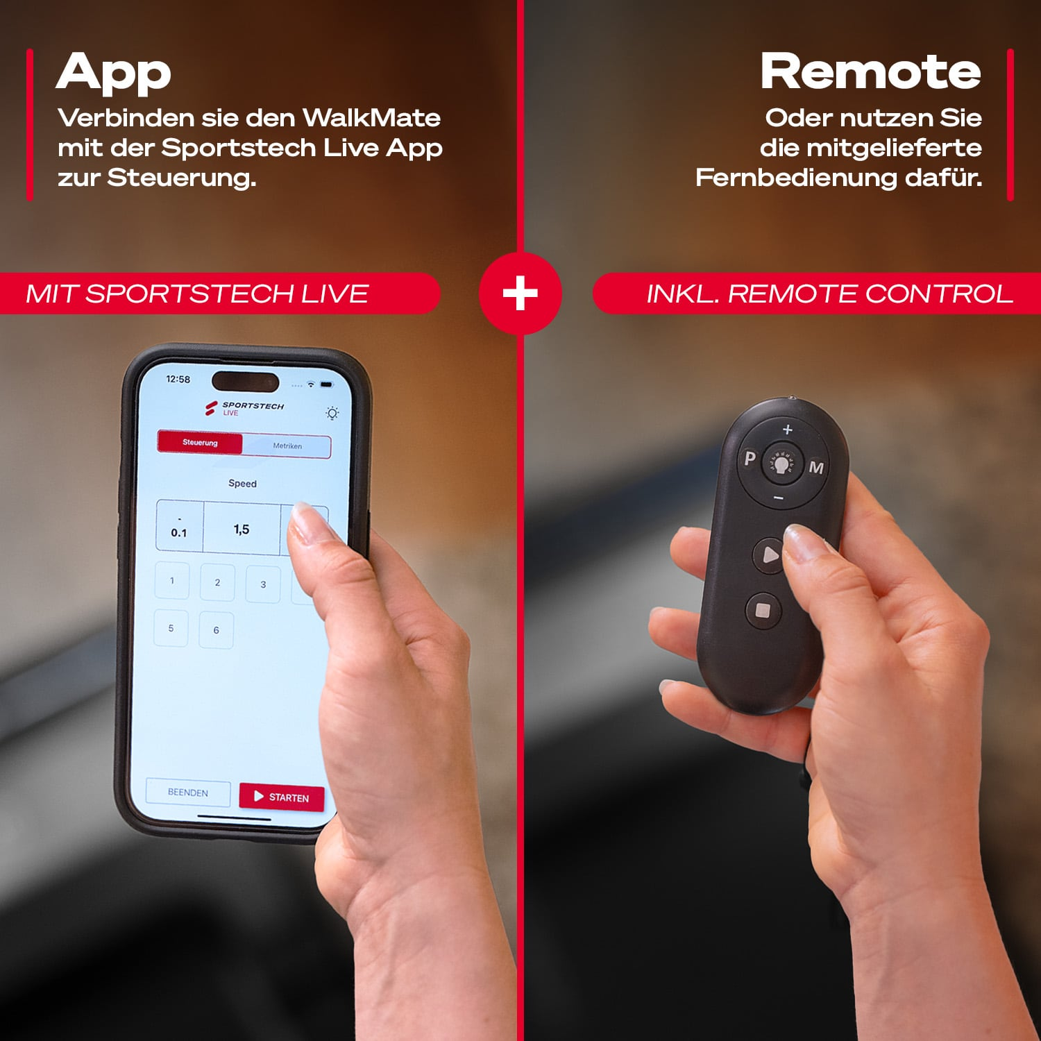 Zwei Hände halten ein Smartphone und eine Fernbedienung für ein Laufband.