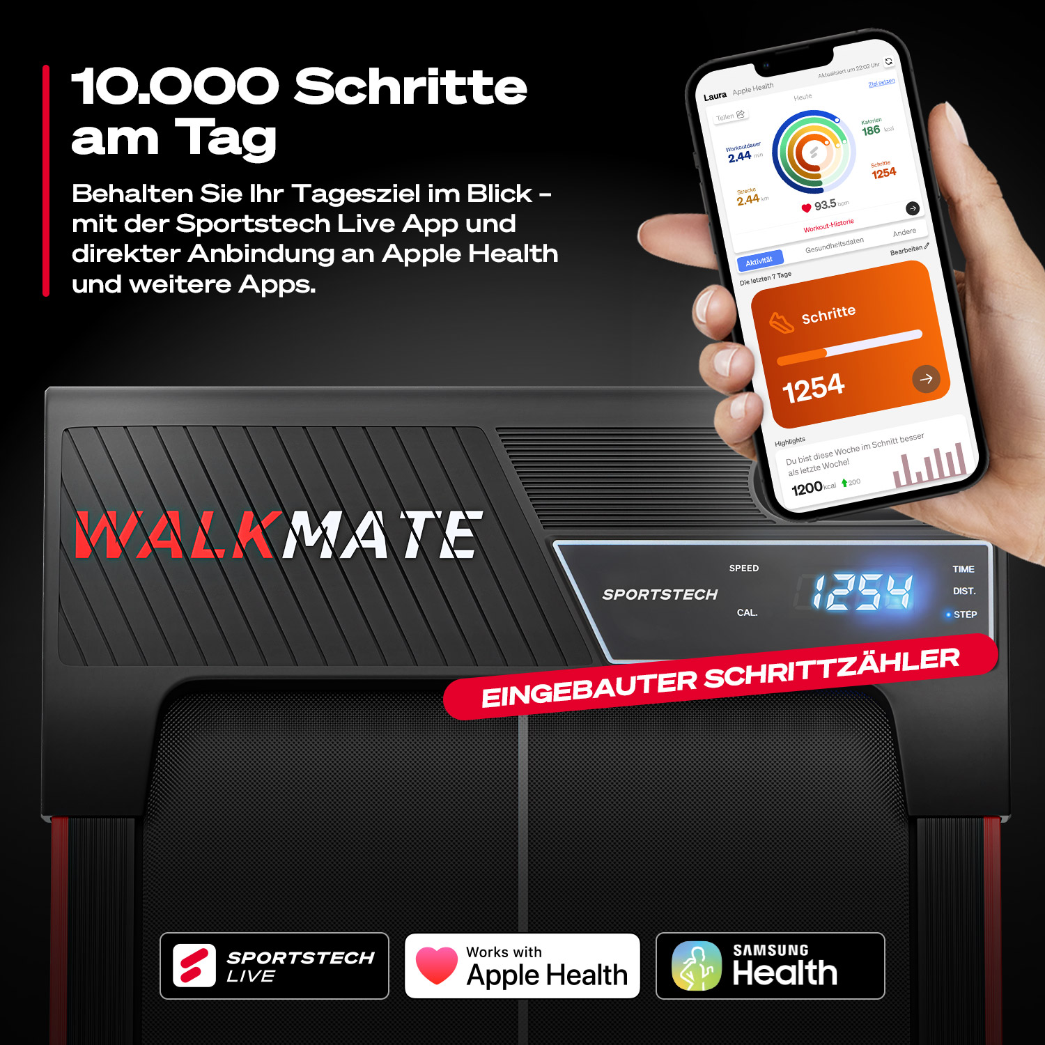 Ein schwarzes und rotes Laufband zeigt Schrittzahl (1254) und ein Telefon mit Schritten in einer Fitness-App.