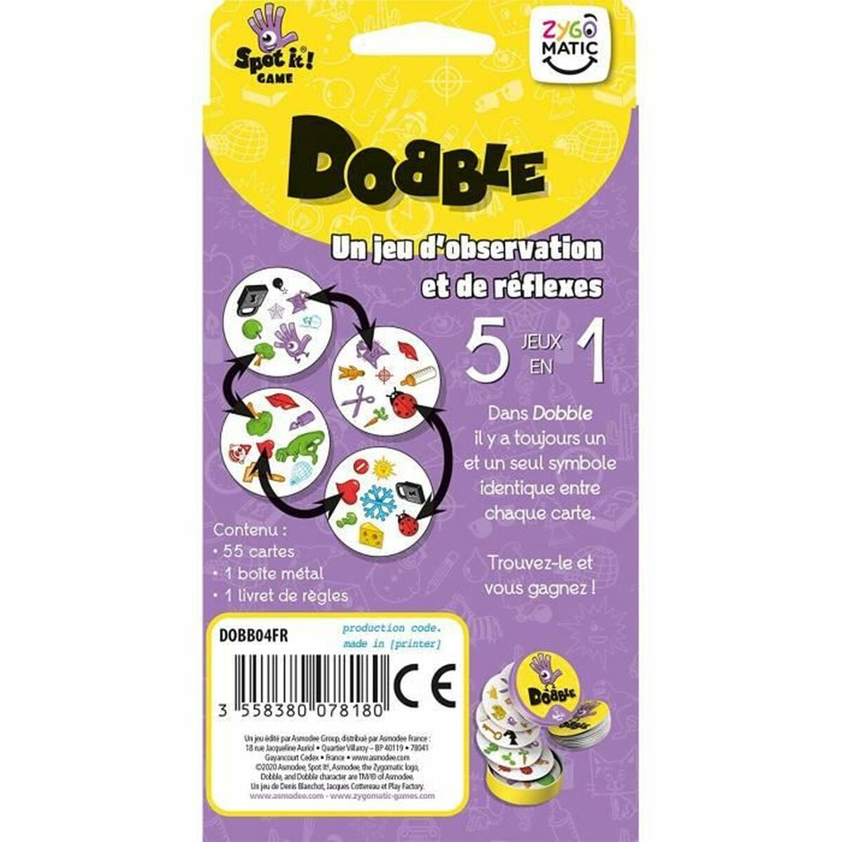Dobble-Spielkarte. Kreisförmige Karten mit verschiedenen Symbolen, darunter ein Frosch und ein Marienkäfer. Lila Hintergrund.