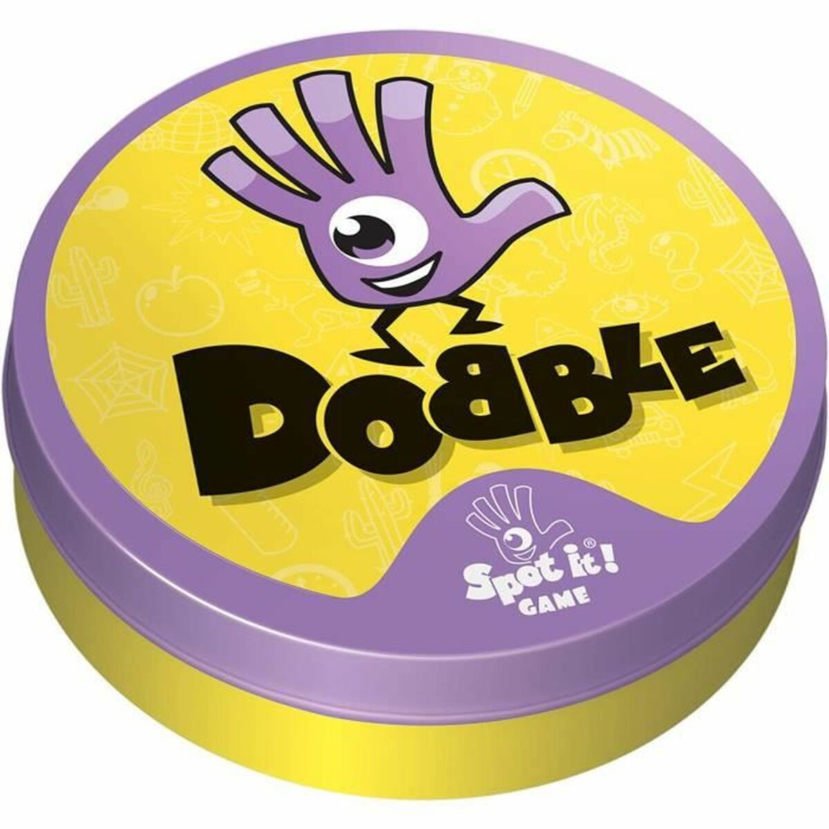 Gelbe und lila Dobble-Spieldose. Zeigt das Logo des Spiels und Handsymbol.