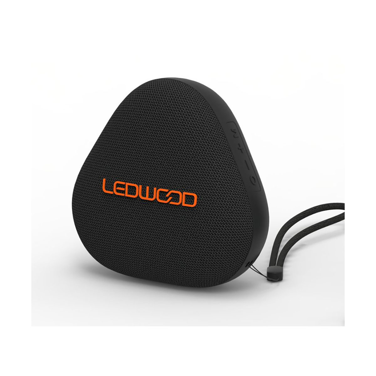 Altavoz triangular negro con la palabra LEDWOOD en naranja. Está sobre una superficie blanca.