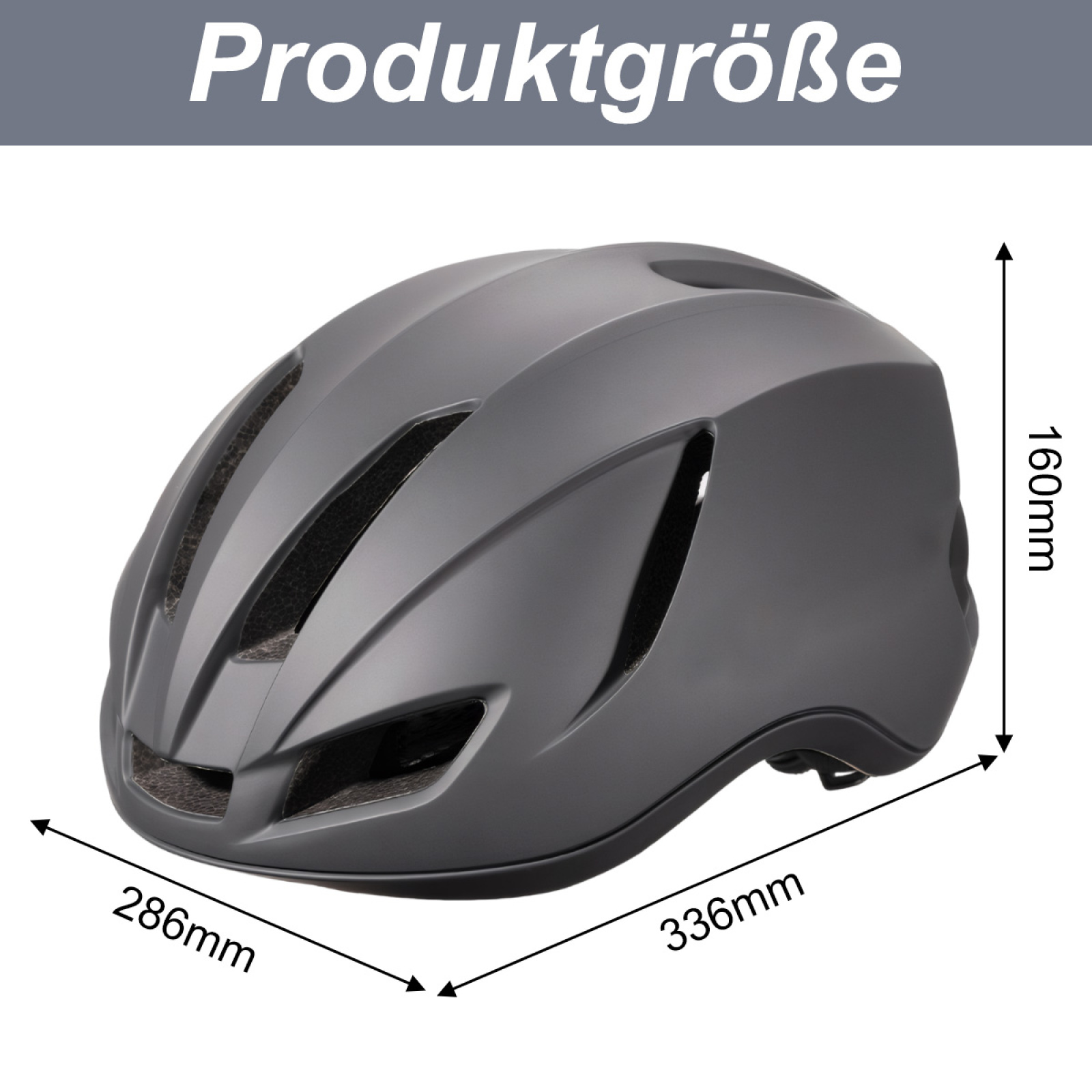 Dunkelgrauer Fahrradhelm mit beschrifteten Abmessungen. Der Text Produktgrösse ist vorhanden.