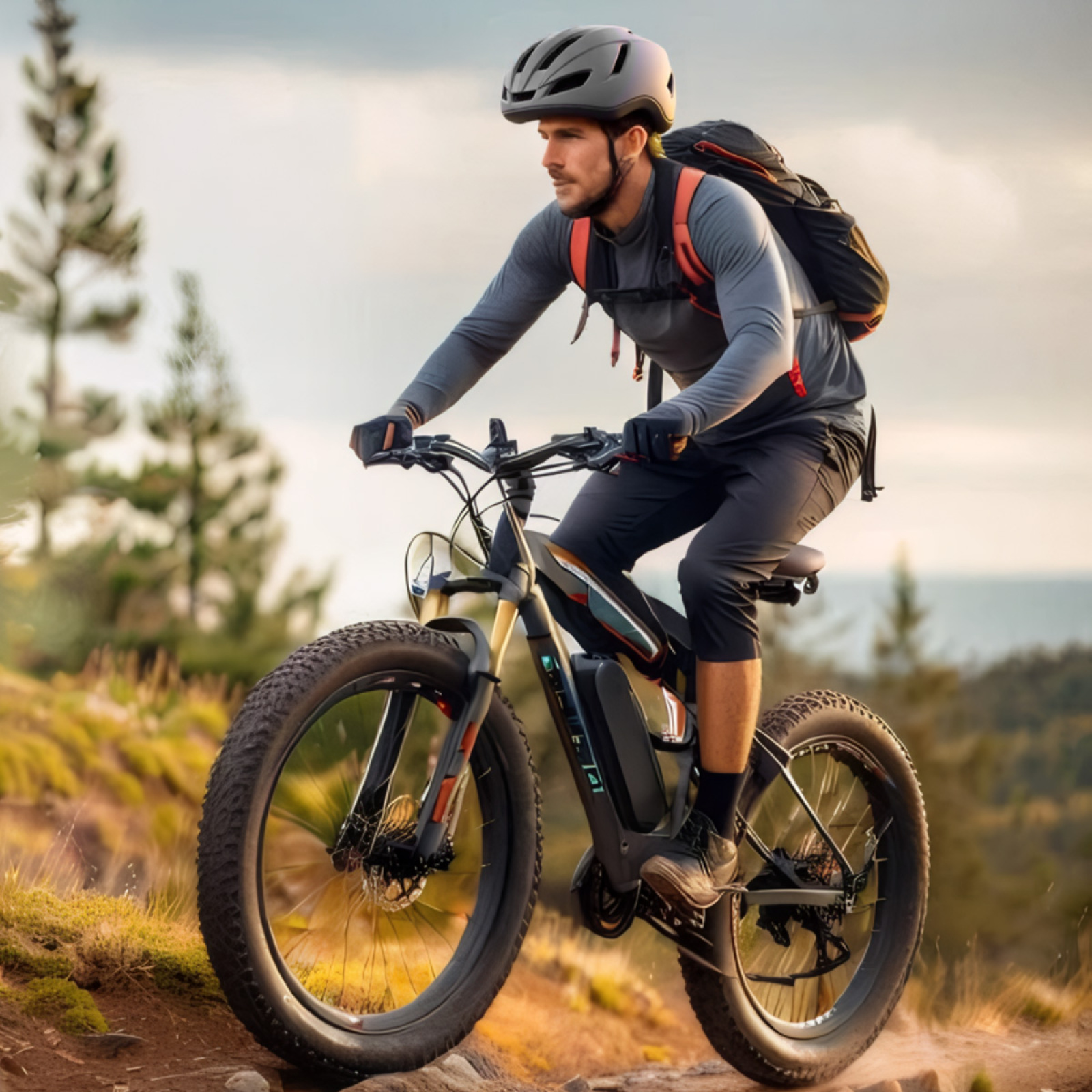 Mann fährt mit einem schwarzen Fatbike auf einem Trail. Er trägt einen grauen Helm und Rucksack.