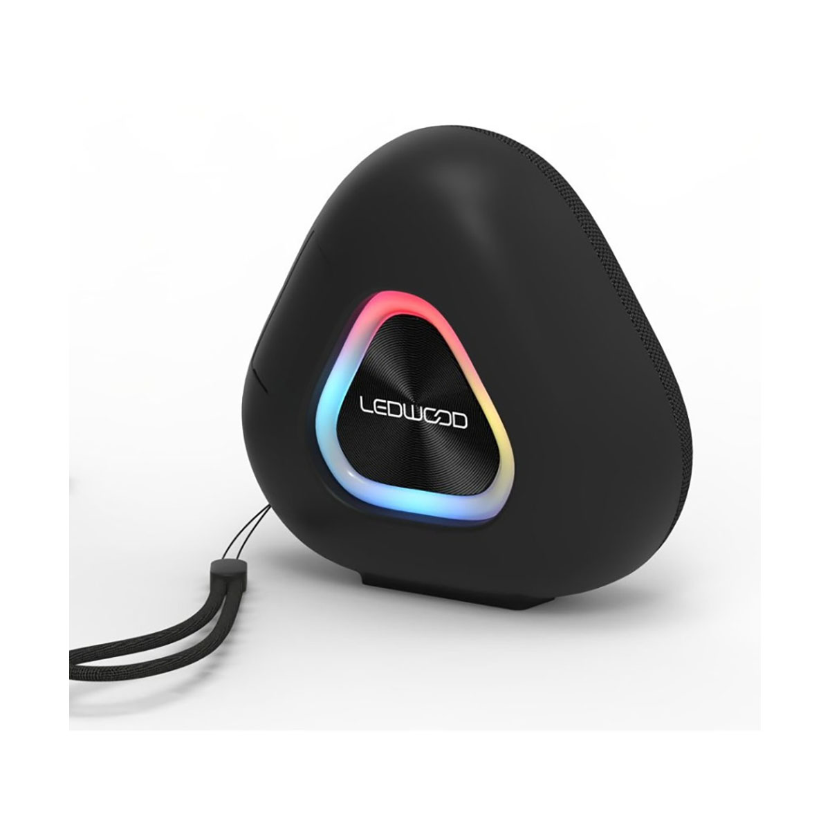 Altavoz negro, triangular con luces LED. Un cable negro se extiende.