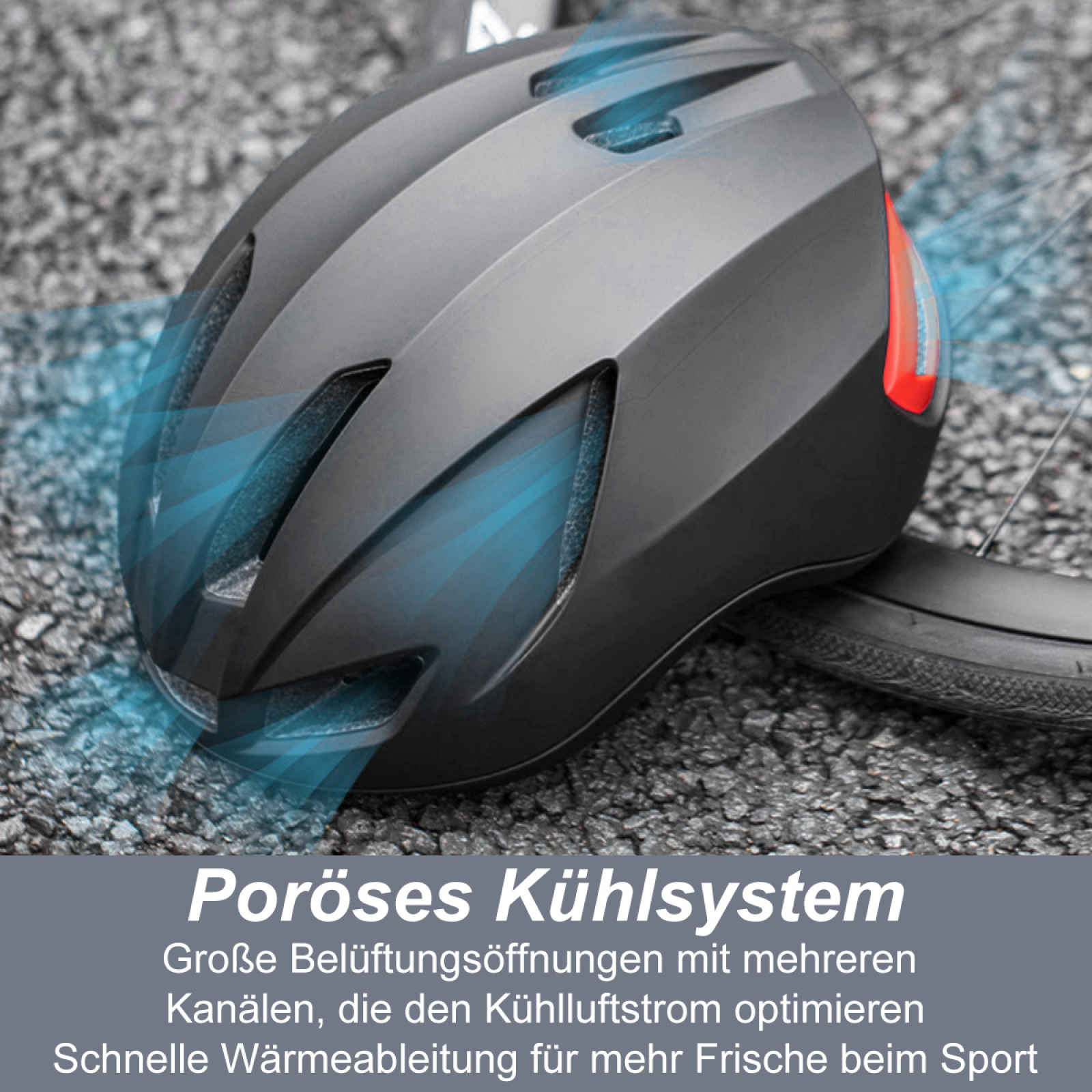 Schwarzer Fahrradhelm mit blauen Belüftungsöffnungen. Text zeigt 'Porous Cooling System'.