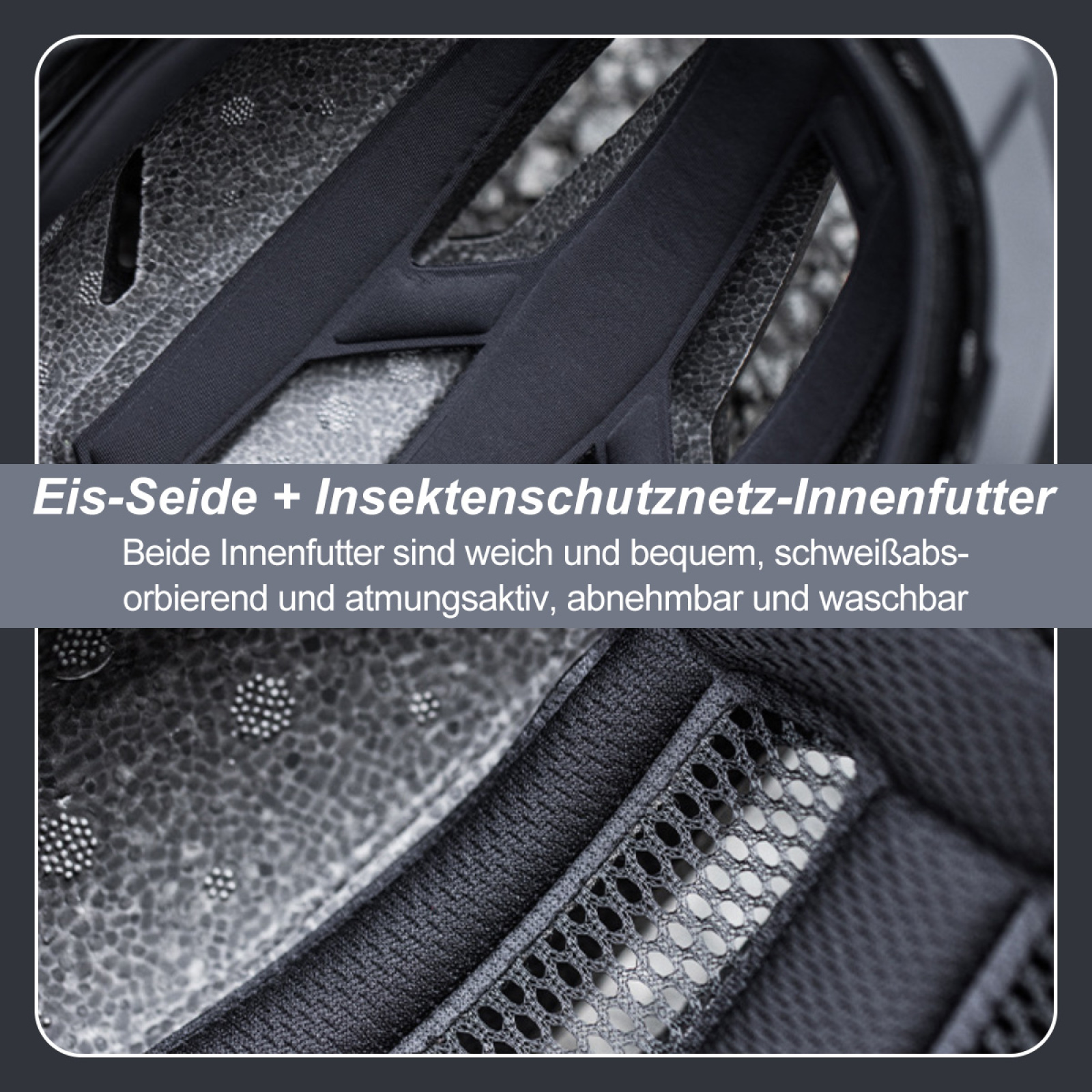 Nahaufnahme des Inneren eines schwarzen Fahrradhelms. Schwarze Riemen und weiche Polsterung sind sichtbar. Der Helm ist grau.