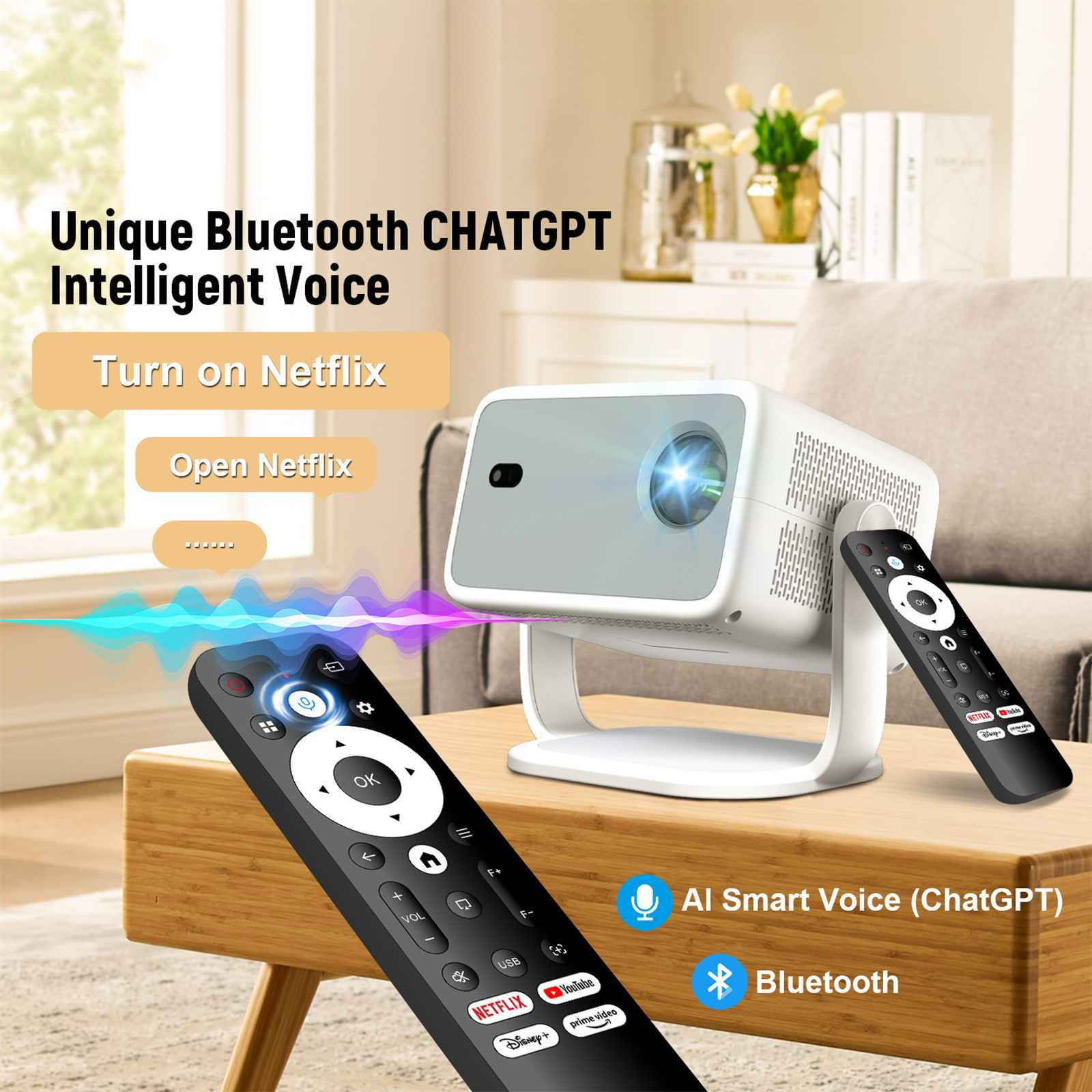 Ein weißer Projektor mit zwei Fernbedienungen auf einem Holztisch. Auf den Fernbedienungen steht Netflix und Bluetooth.