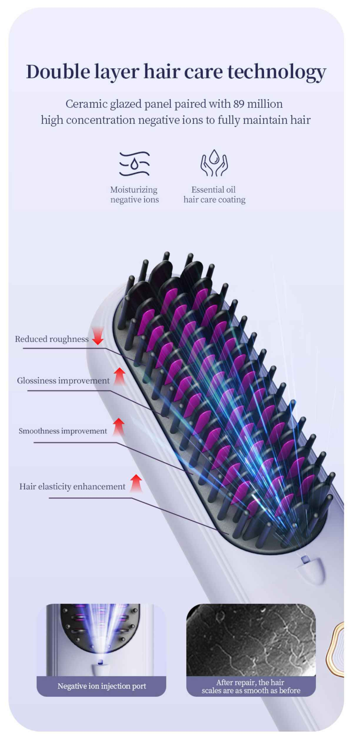 Eine Haarglättungsbürste mit lila Borsten und Text, der die Haarpflegetechnologie beschreibt.
