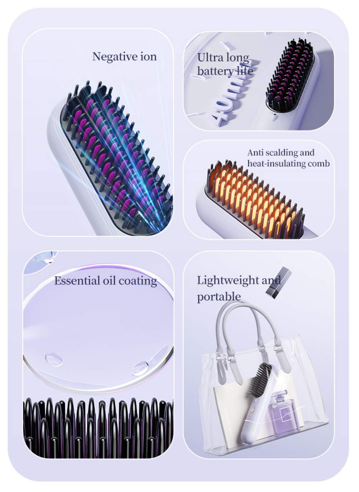 Ein Haarglätter mit einem lila und schwarzen Kamm. Es hat eine Negativ-Ionen-Funktion und eine ätherische Öl-Beschichtung. Hat eine Tasche und eine Flasche.