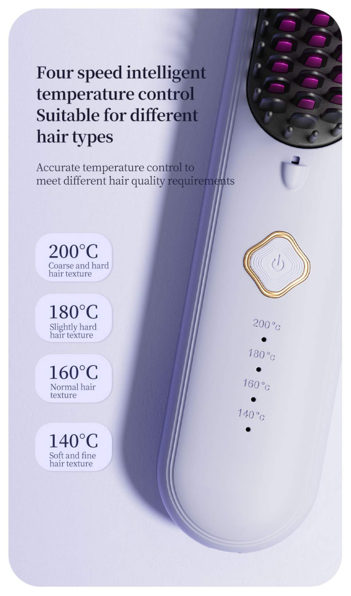 Eine weiße Haarglättungsbürste mit vier Temperatureinstellungen für verschiedene Haartypen.