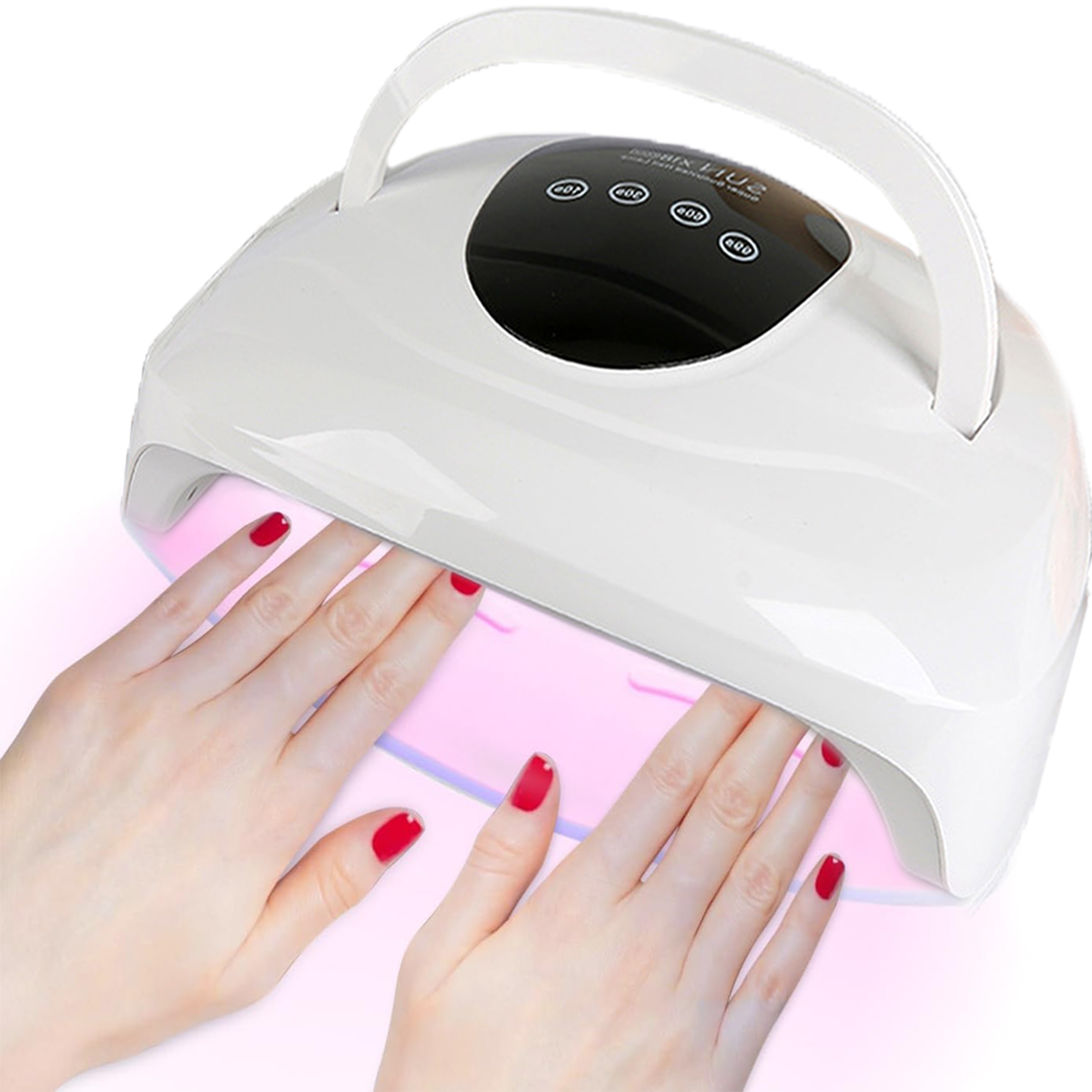 Hände unter einer weißen UV-Nagellampe, die roten Nagellack aushärten.