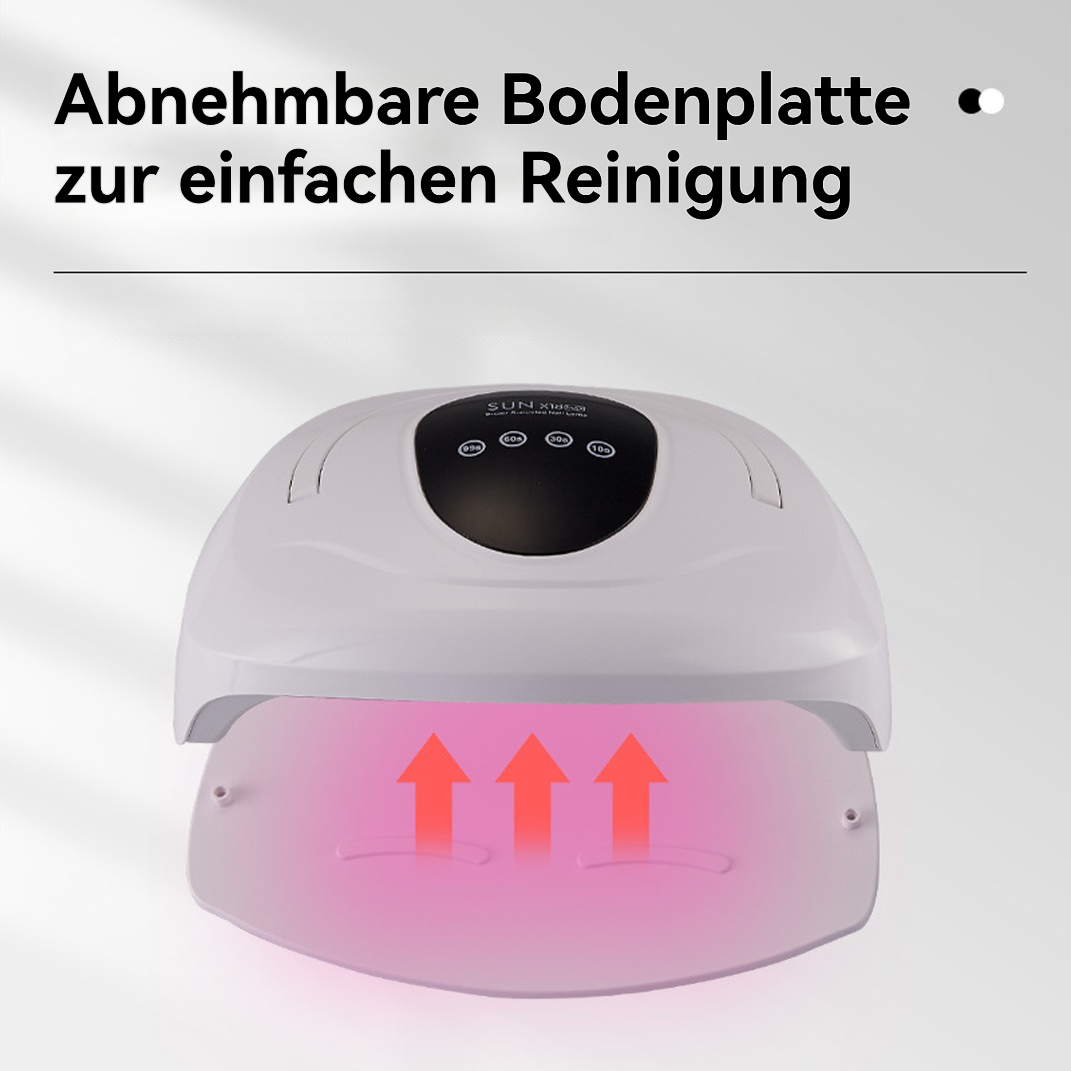 Eine weiße Nagellampe mit abnehmbarer Basis. Die Pfeile zeigen von der Basis nach oben und beleuchten eine rosa Oberfläche.