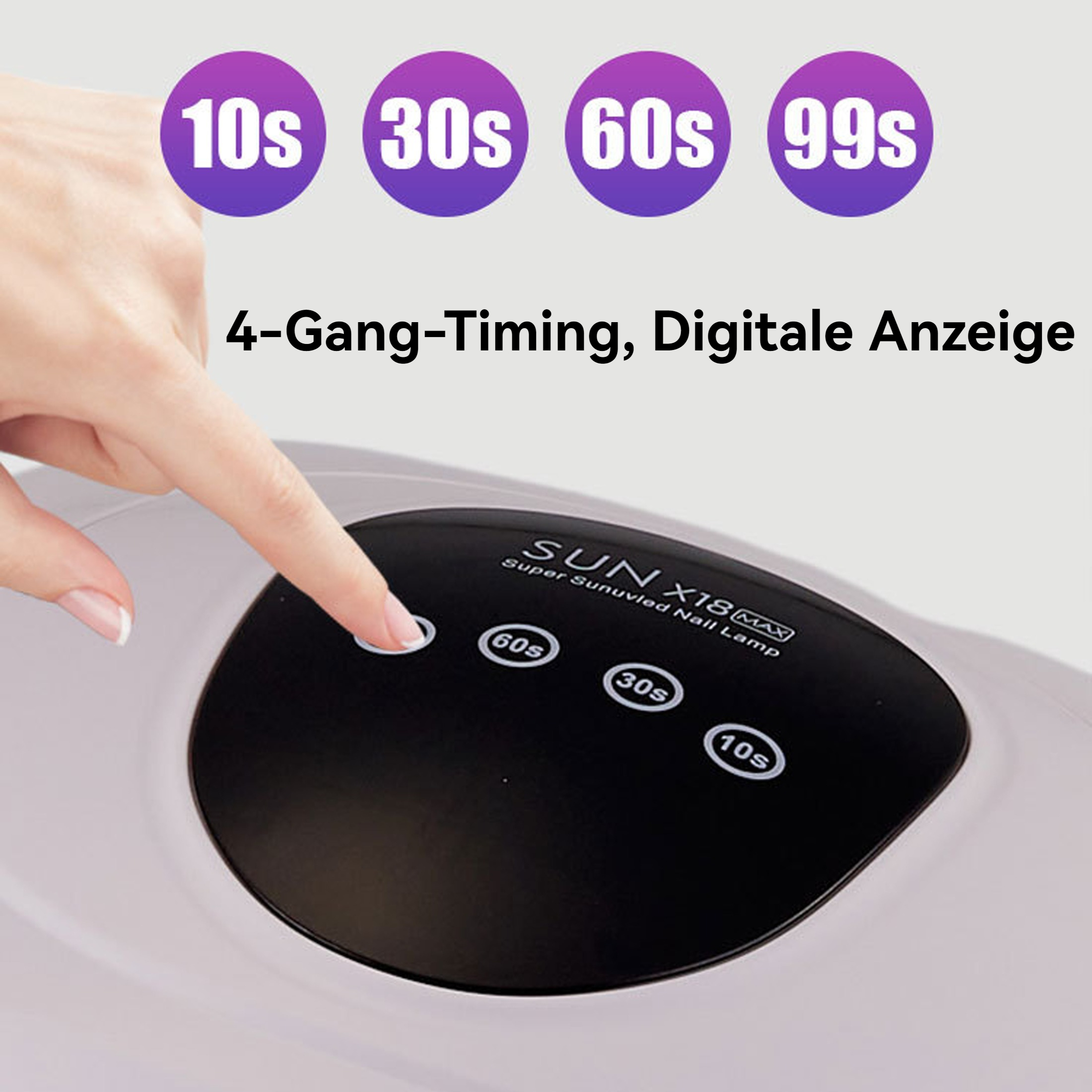 Ein Finger drückt einen Knopf auf einer weißen UV-Nagellampe mit digitaler Zeitanzeige.