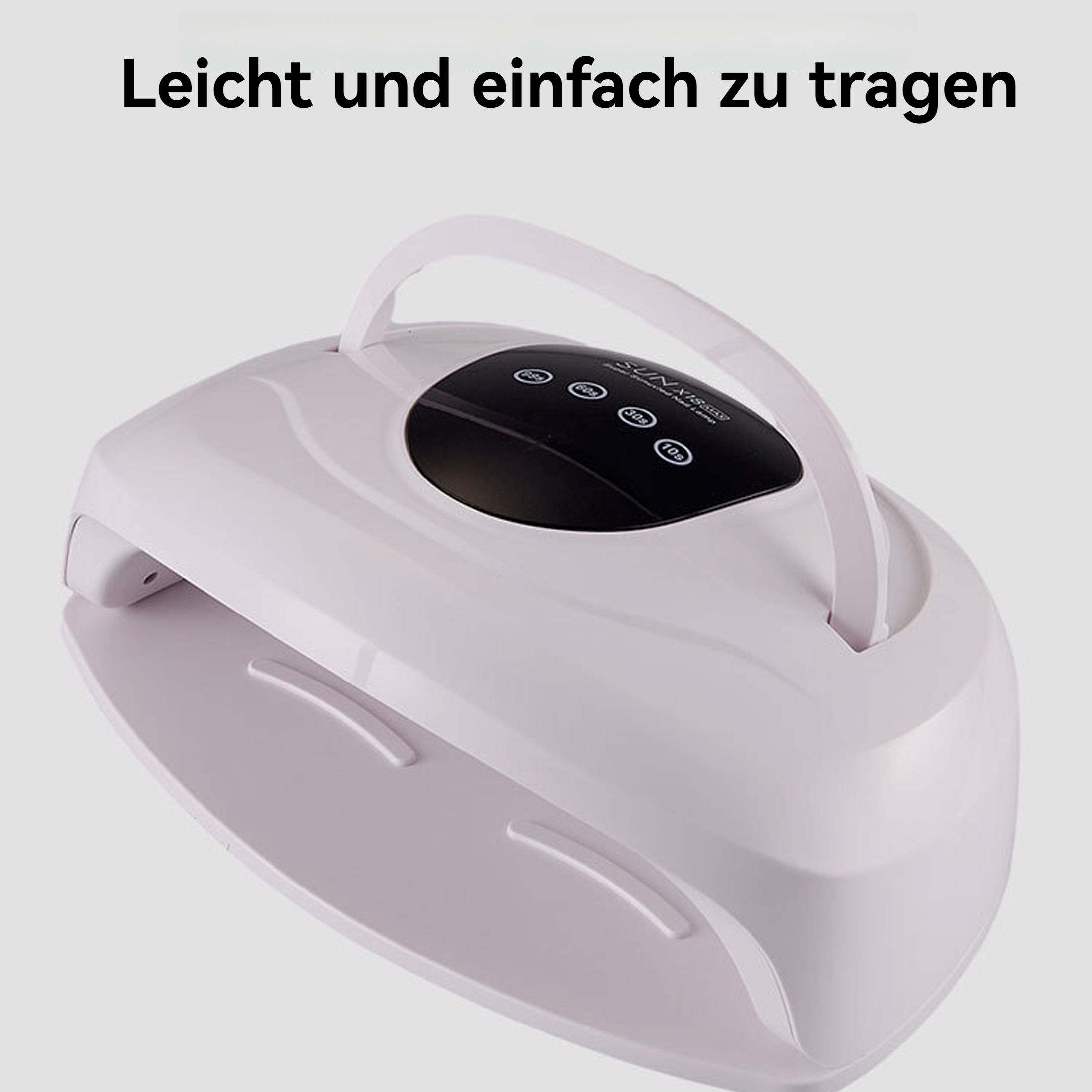 Eine weiße UV-Nagellampe mit Griff, die ihre Tragbarkeit und einfache Transportierbarkeit hervorhebt.