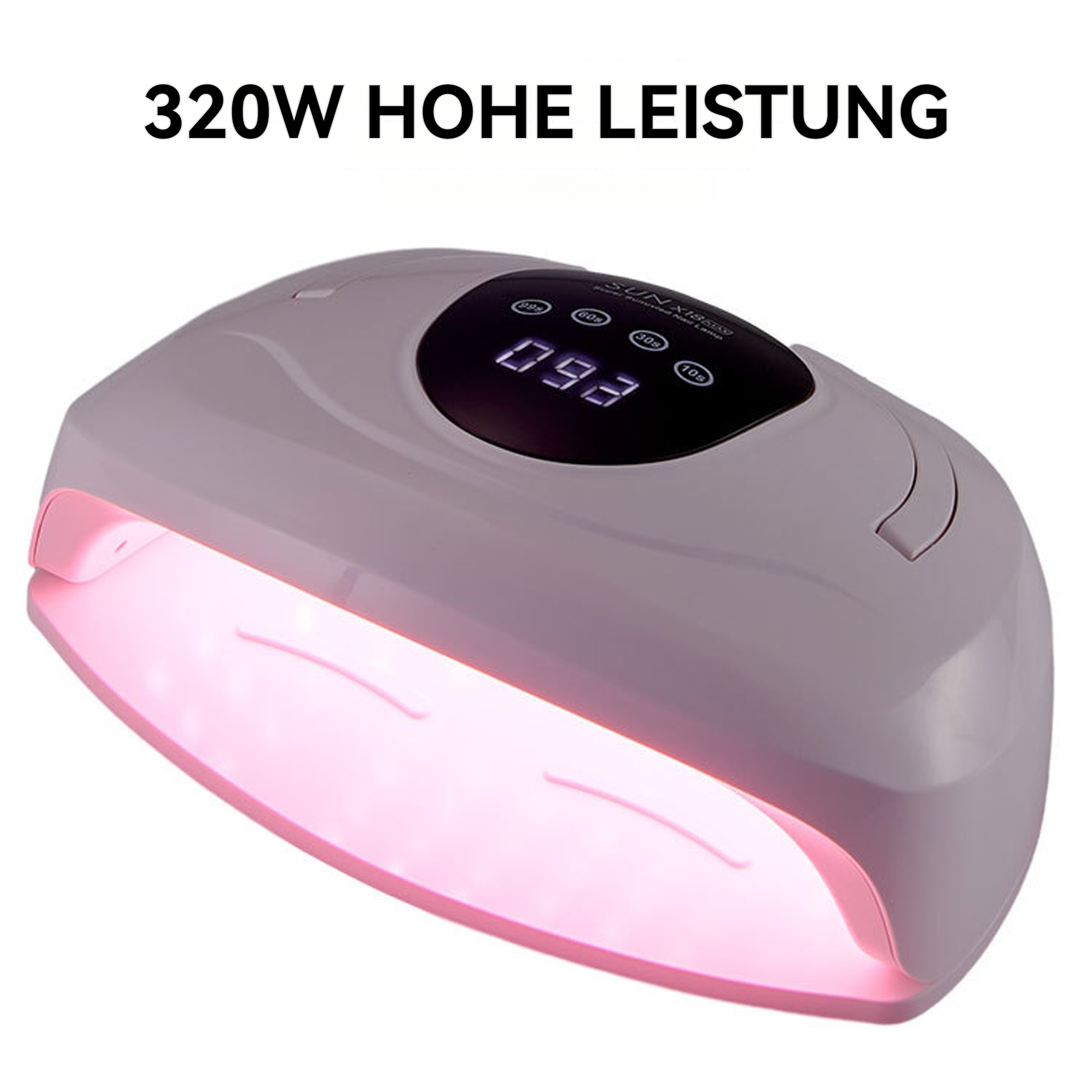 Weiß-rosa UV-Nagellampe, zeigt Timer und Knöpfe. Die Lampe ist eingeschaltet.