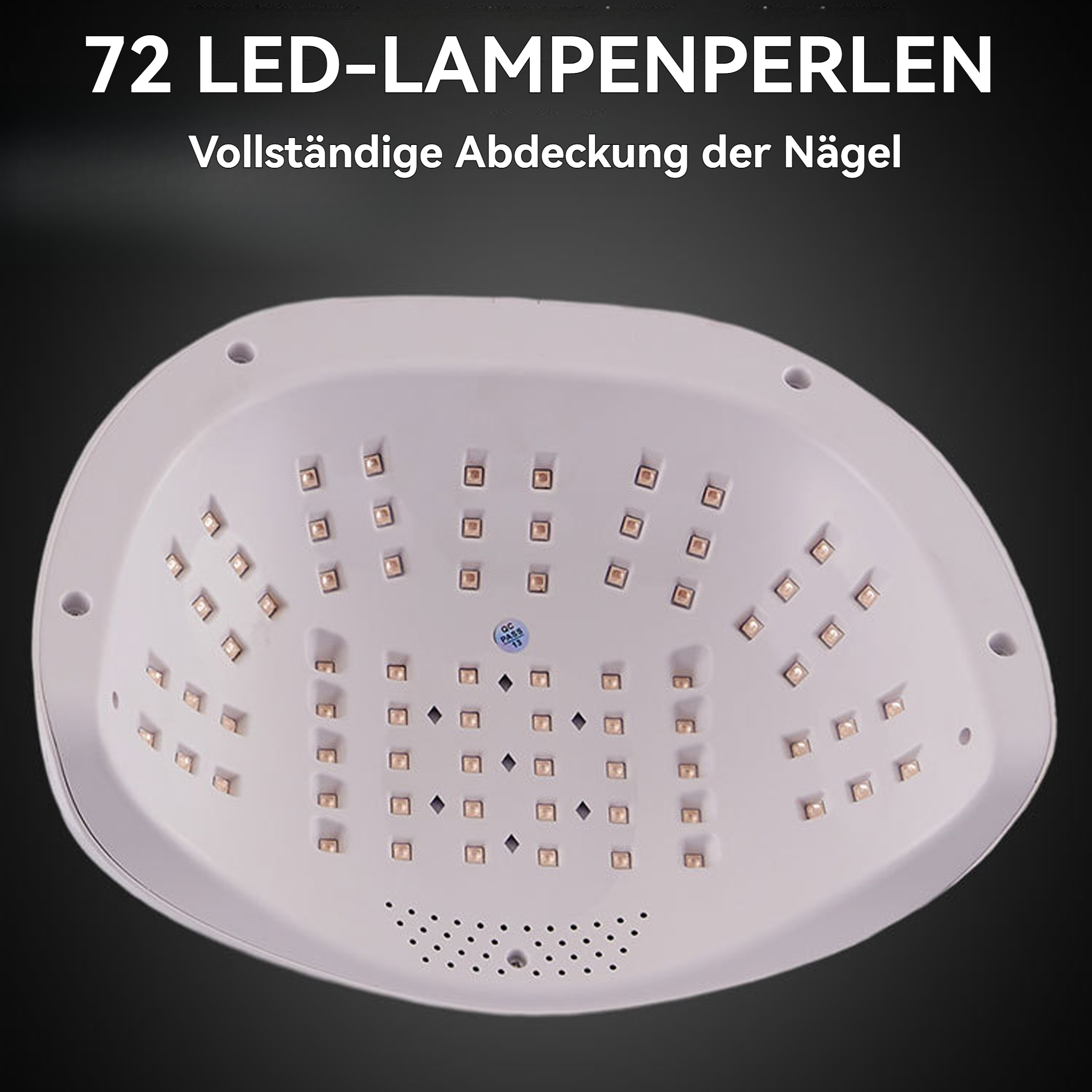 Innenansicht einer weißen Nagellampe. Es hat mehrere LED-Leuchten im Inneren.