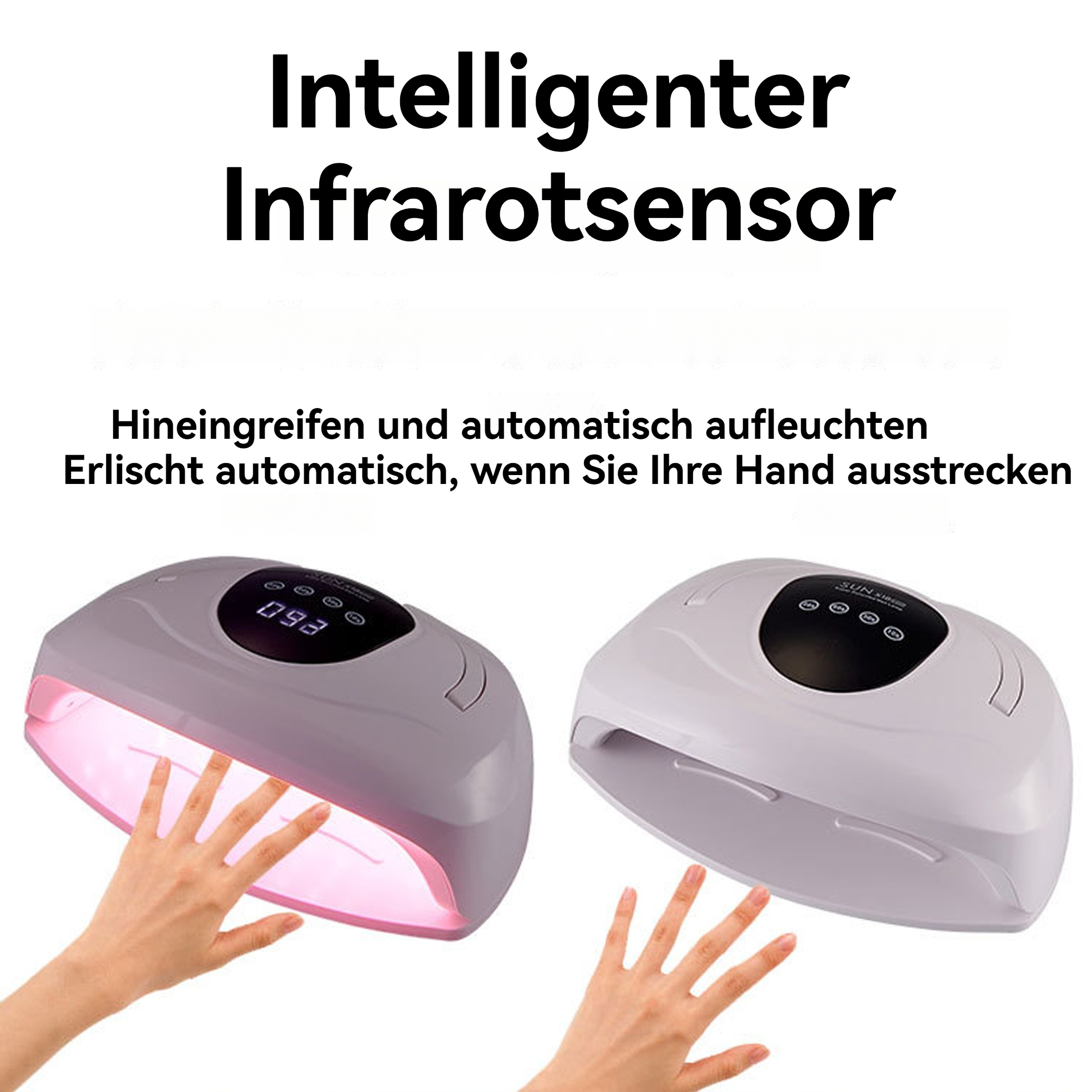 Zwei Nagellampen mit Händen darunter. Eine Lampe ist rosa, die andere weiß.