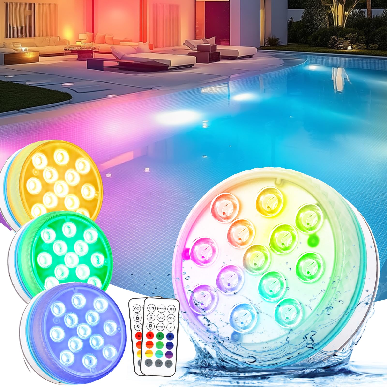 Unterwasserlichter mit Fernbedienung, verschiedene Farben. Vier Lichter, grün, gelb, blau und weiß, sind sichtbar.