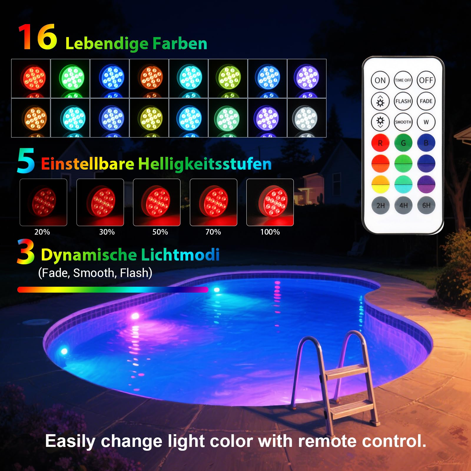 Poollichter mit Fernbedienung, verschiedene Farben. Das Bild zeigt die Lichter in einem Pool mit Leiter.