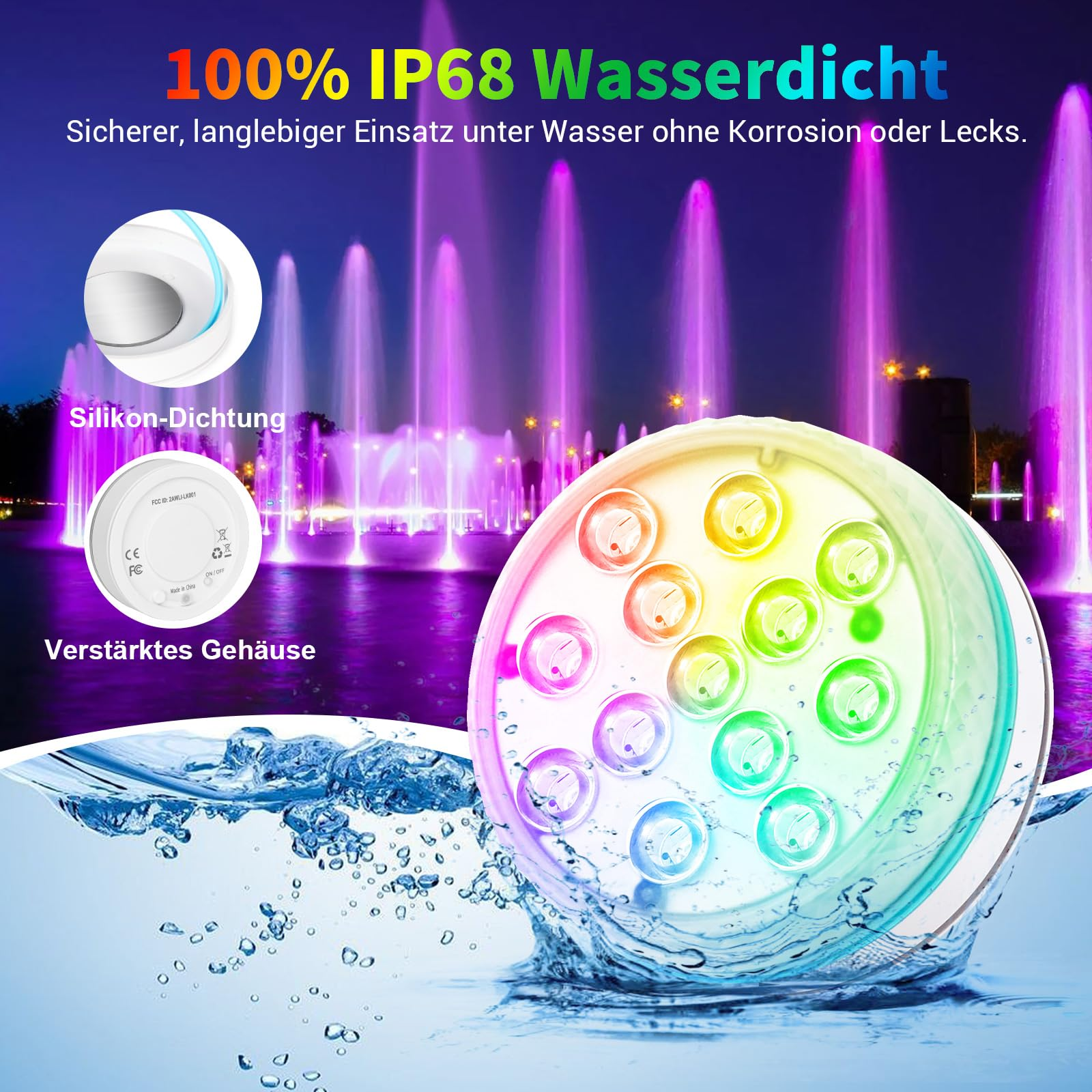 Wasserdichte LED-Leuchte unter Wasser, mit Springbrunnen und bunten Lichtern im Hintergrund.