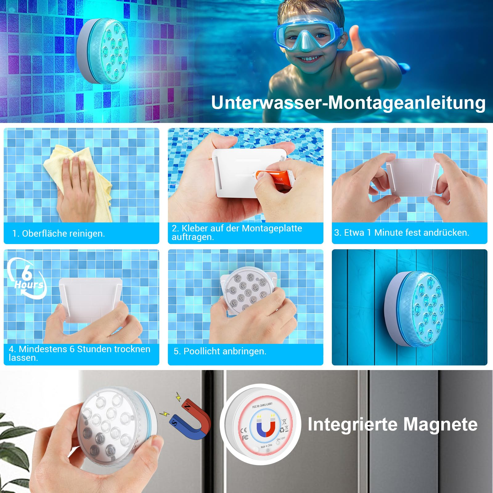 Anweisungen zur Installation einer wasserdichten LED-Leuchte. Beinhaltet Reinigungs- und Installationsschritte.