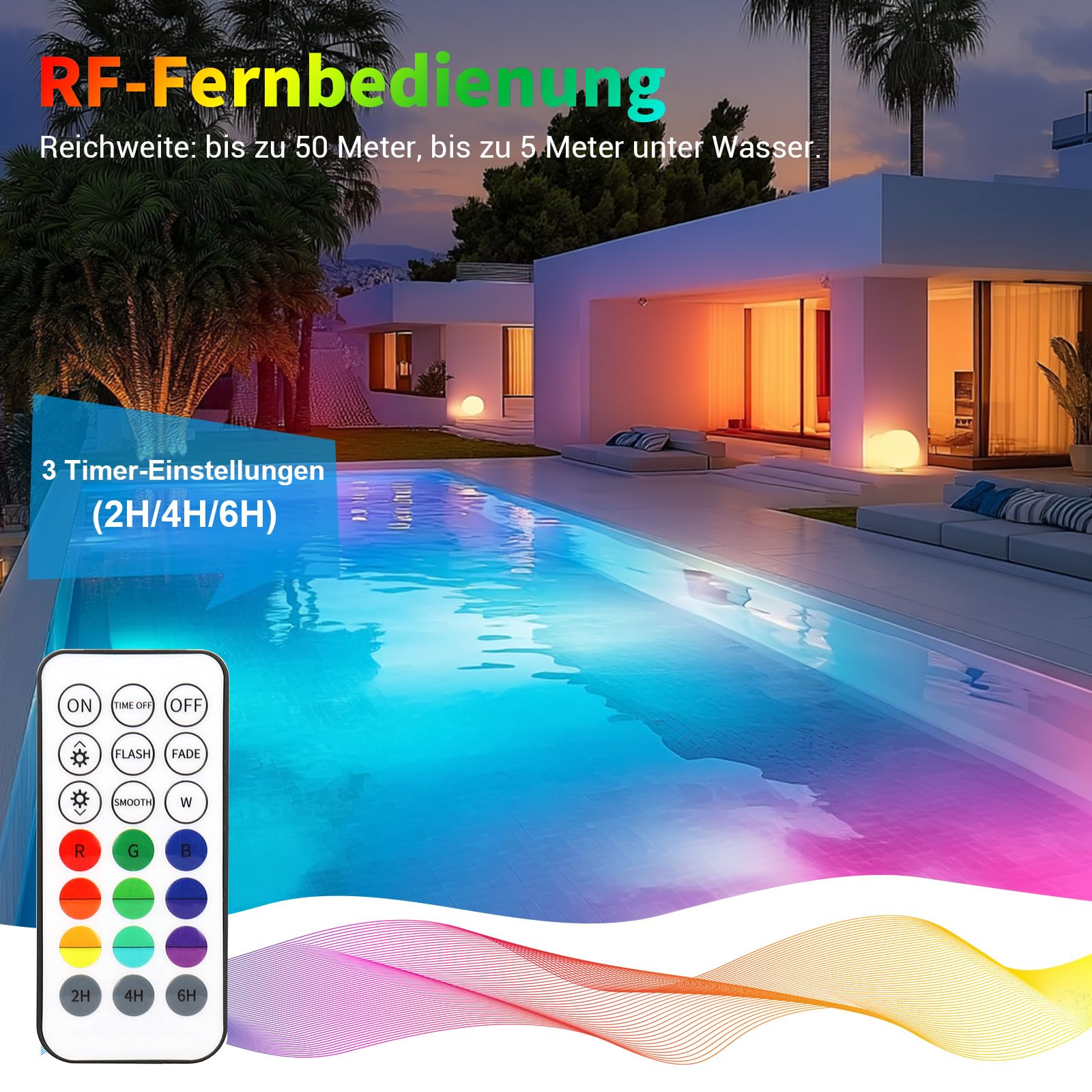 Pool mit Lichtern. Die Lichter wechseln die Farben, gesteuert durch eine Fernbedienung.