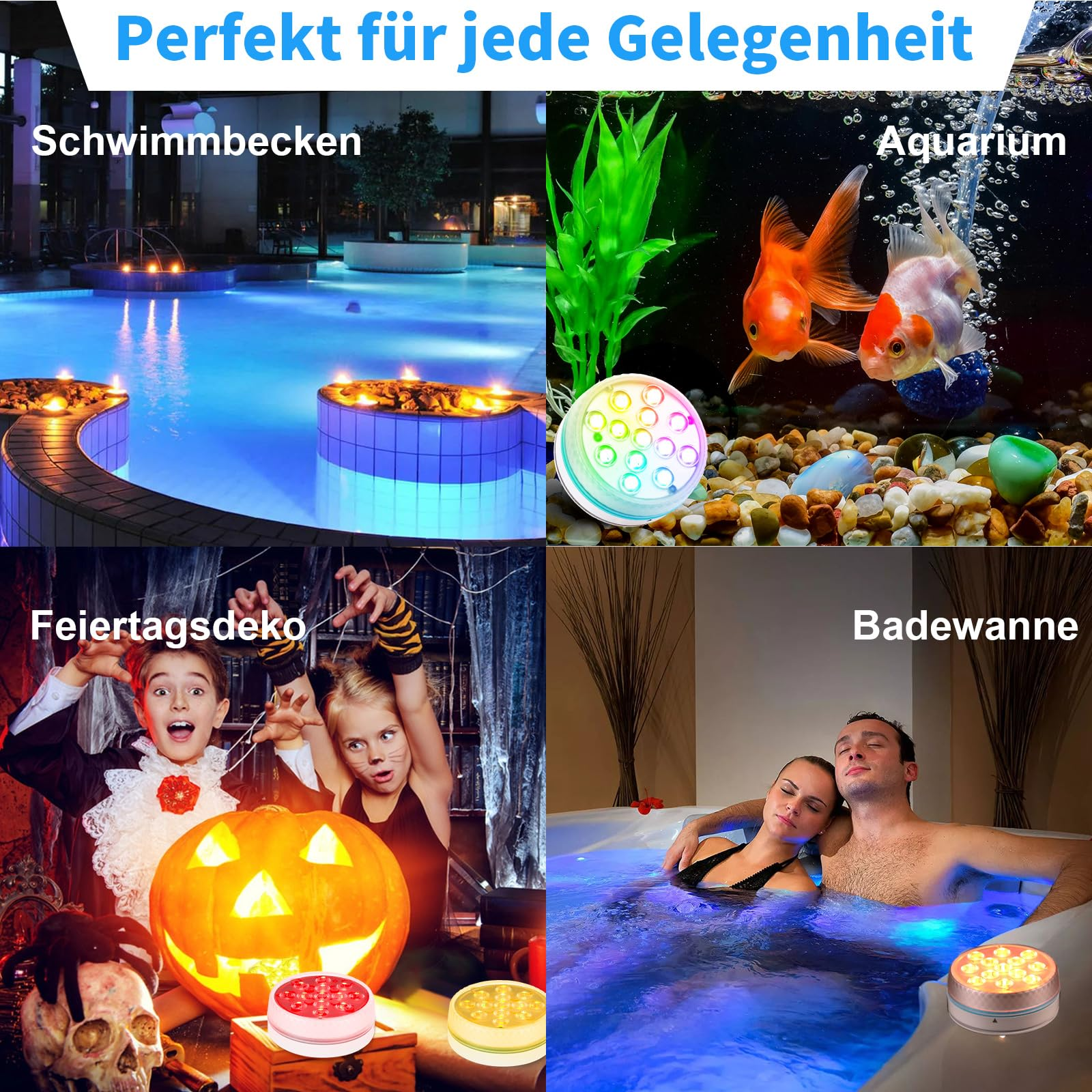 Vier Szenen mit wasserdichten LED-Leuchten: Pool, Aquarium, Halloween-Dekoration und Badewanne.