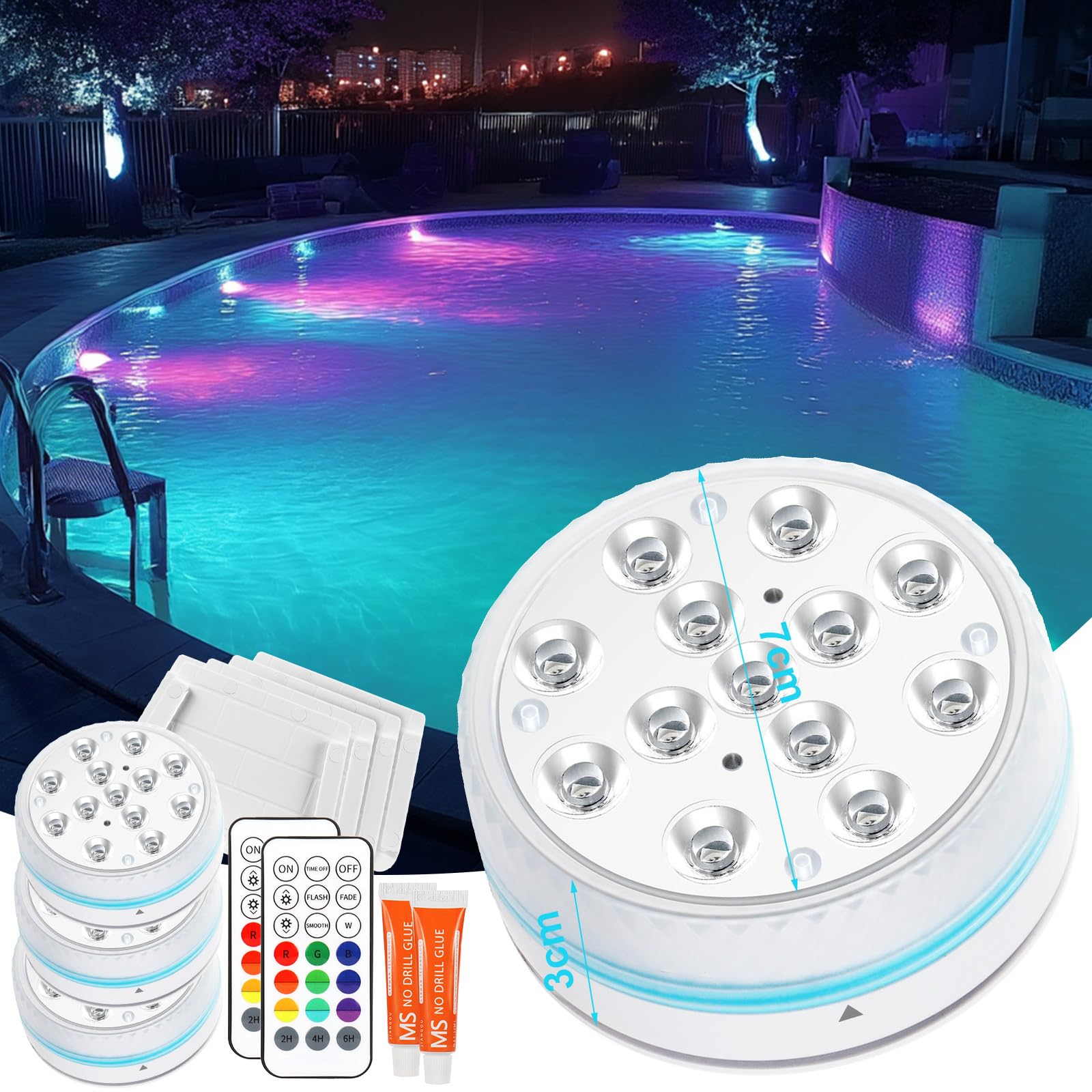 Lichter für einen Pool mit Fernbedienung. Pool hat Lichter mit 7cm Durchmesser und 3cm Höhe.
