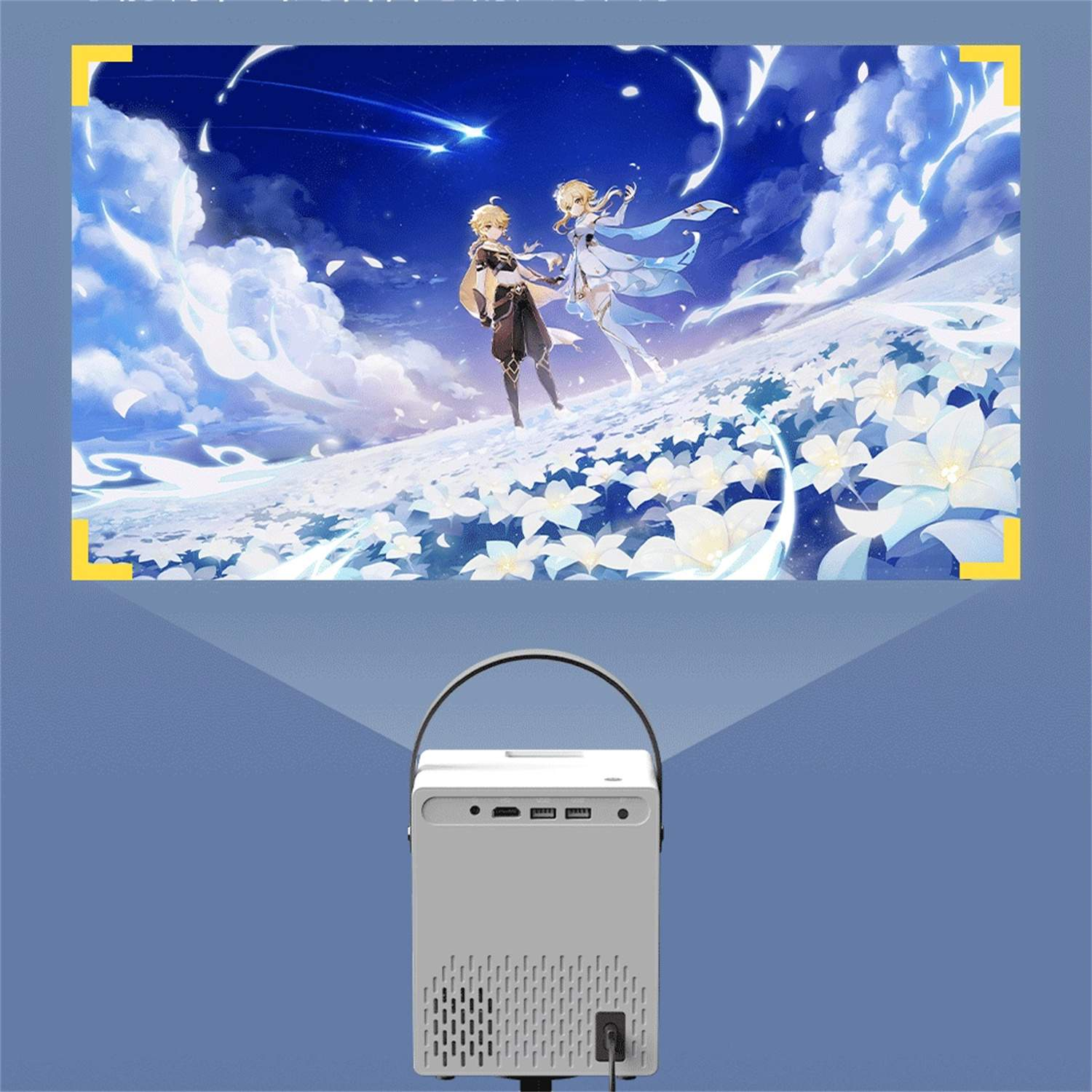 Projektor, der eine Anime-Szene projiziert. Die Szene zeigt zwei Charaktere auf einem schneebedeckten Hügel.