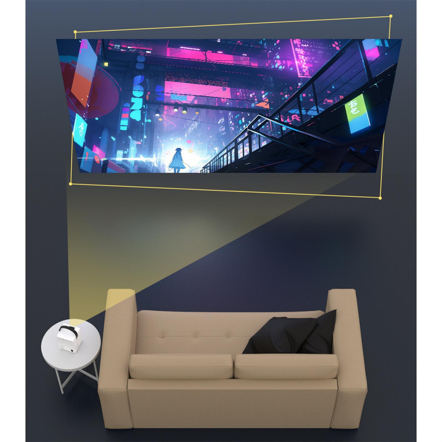 Ein Projektor projiziert ein farbenfrohes Anime-Bild an eine Wand. Eine Couch und ein Beistelltisch sind im Vordergrund.