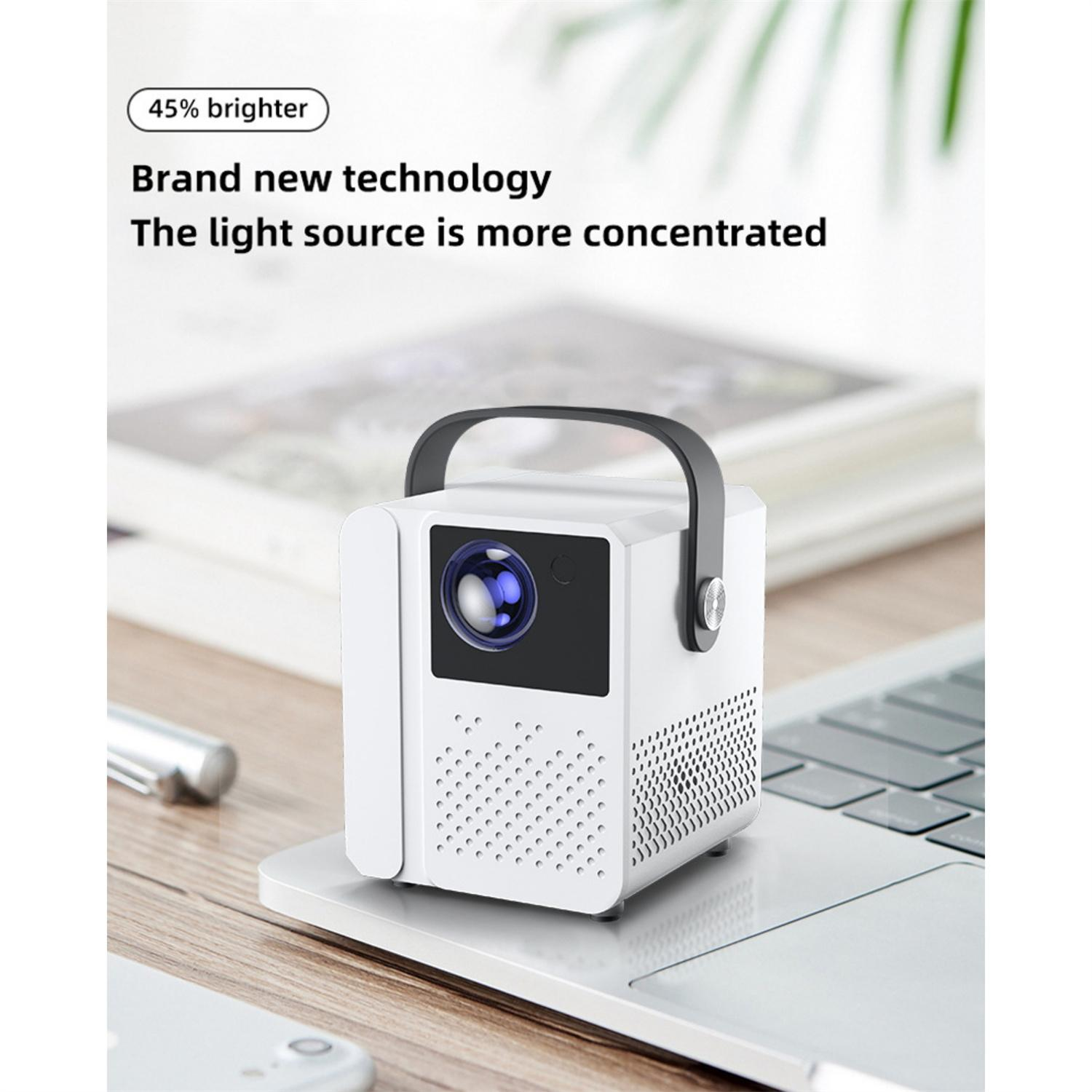 Weißer Projektor auf einem Laptop, mit Text über Helligkeit und Technologie. Griff oben, Linse vorne.