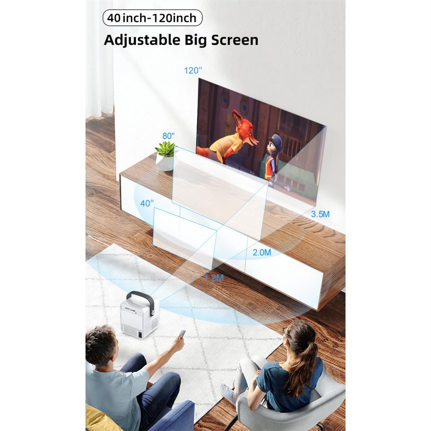 Zwei Personen schauen einen Film auf einer großen Leinwand mit einem Projektor. Textdetails Bildschirmgröße und Entfernung.