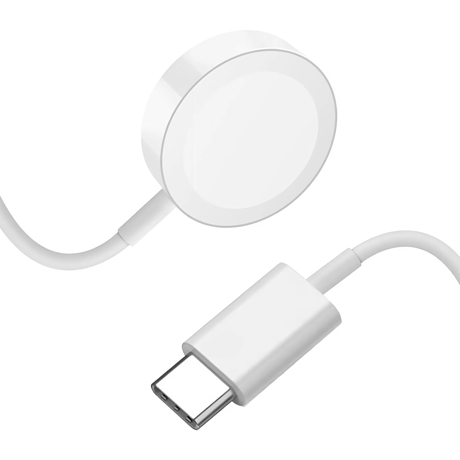Weißes Ladekabel mit rundem Ladepad an einem Ende und USB-C-Anschluss am anderen.