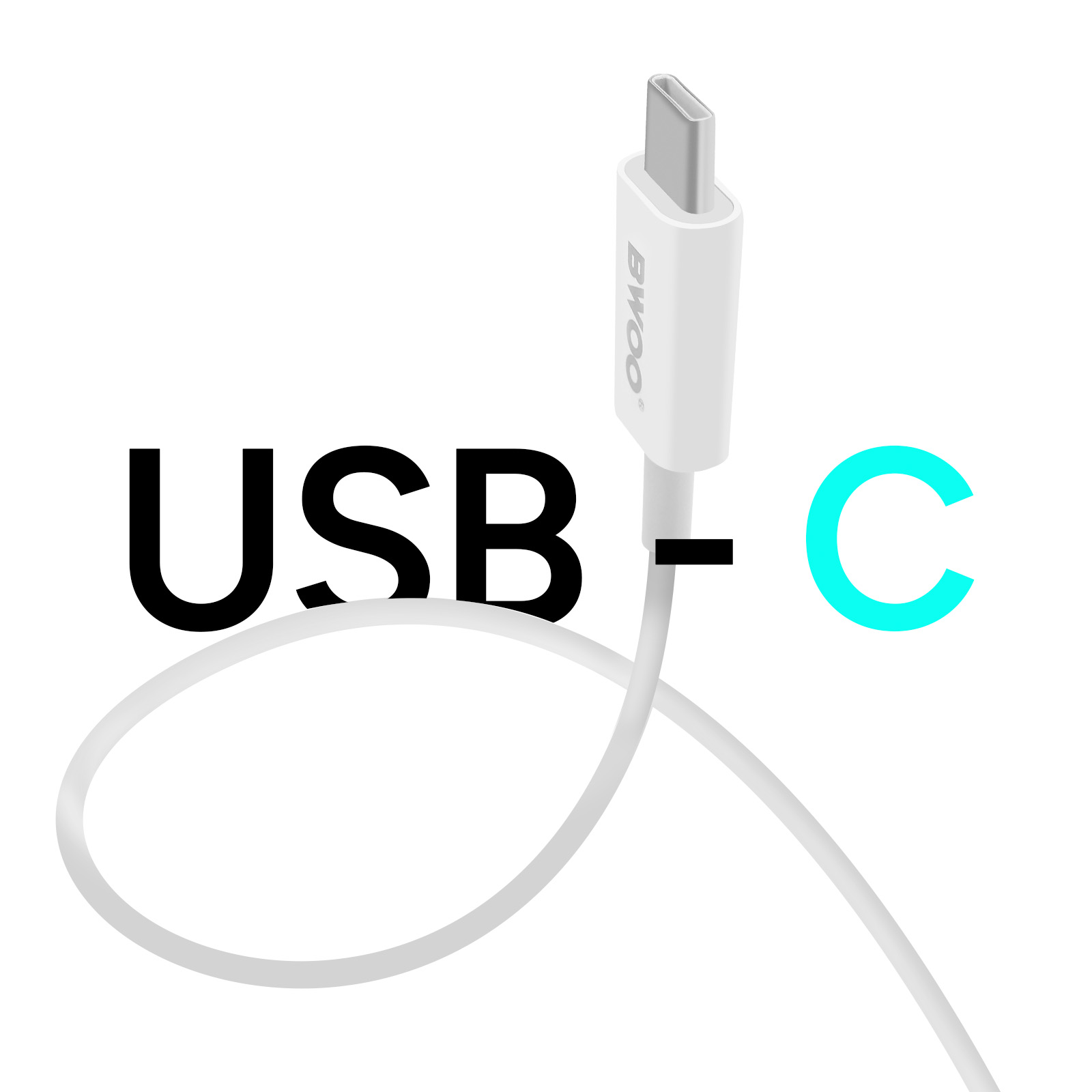 Ein weißes USB-C-Kabel mit dem Text 'USB-C' daneben in Schwarz und Hellblau geschrieben.