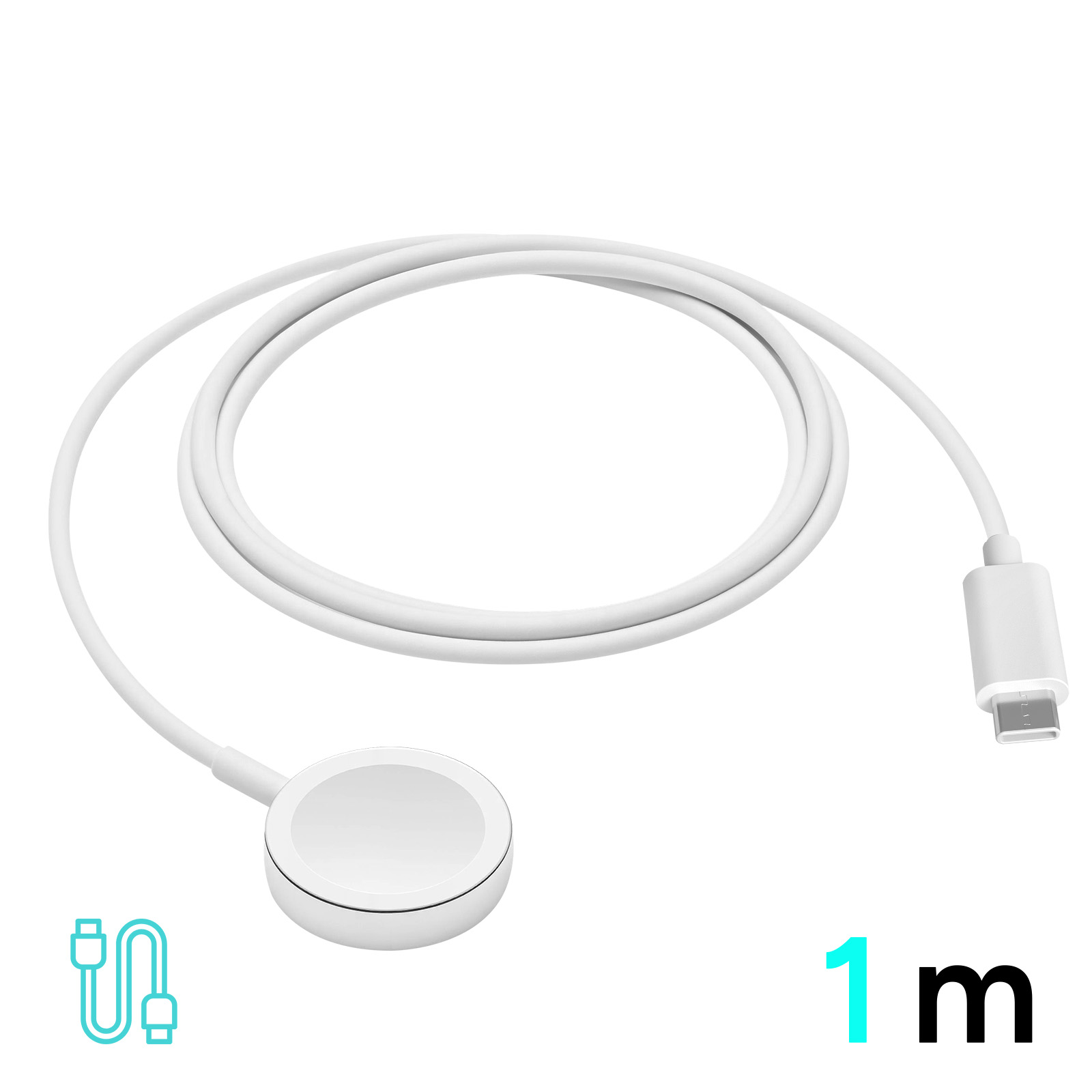 Weißes magnetisches Ladekabel für eine Smartwatch mit USB-C-Anschluss. Zeigt eine Länge von 1 Meter.