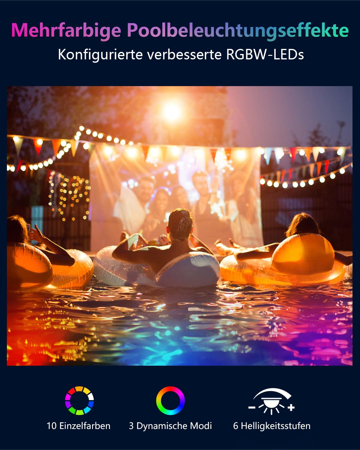 Menschen in einem Pool mit mehrfarbigen Lichtern. Ein Bildschirm projiziert Bilder. Unten eine Farbpalette.