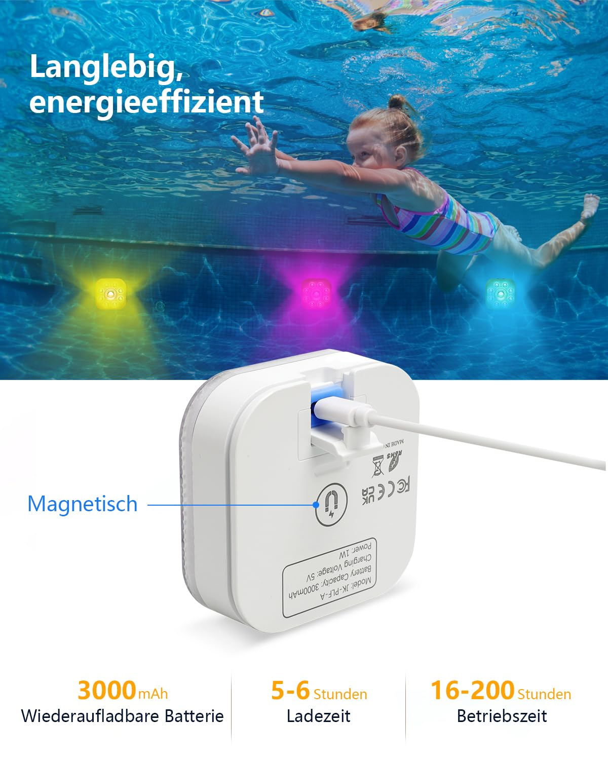 Ein Mädchen schwimmt in einem Pool mit Unterwasserlichtern. Produkt zeigt Ladeanschluss und Akku-Details.