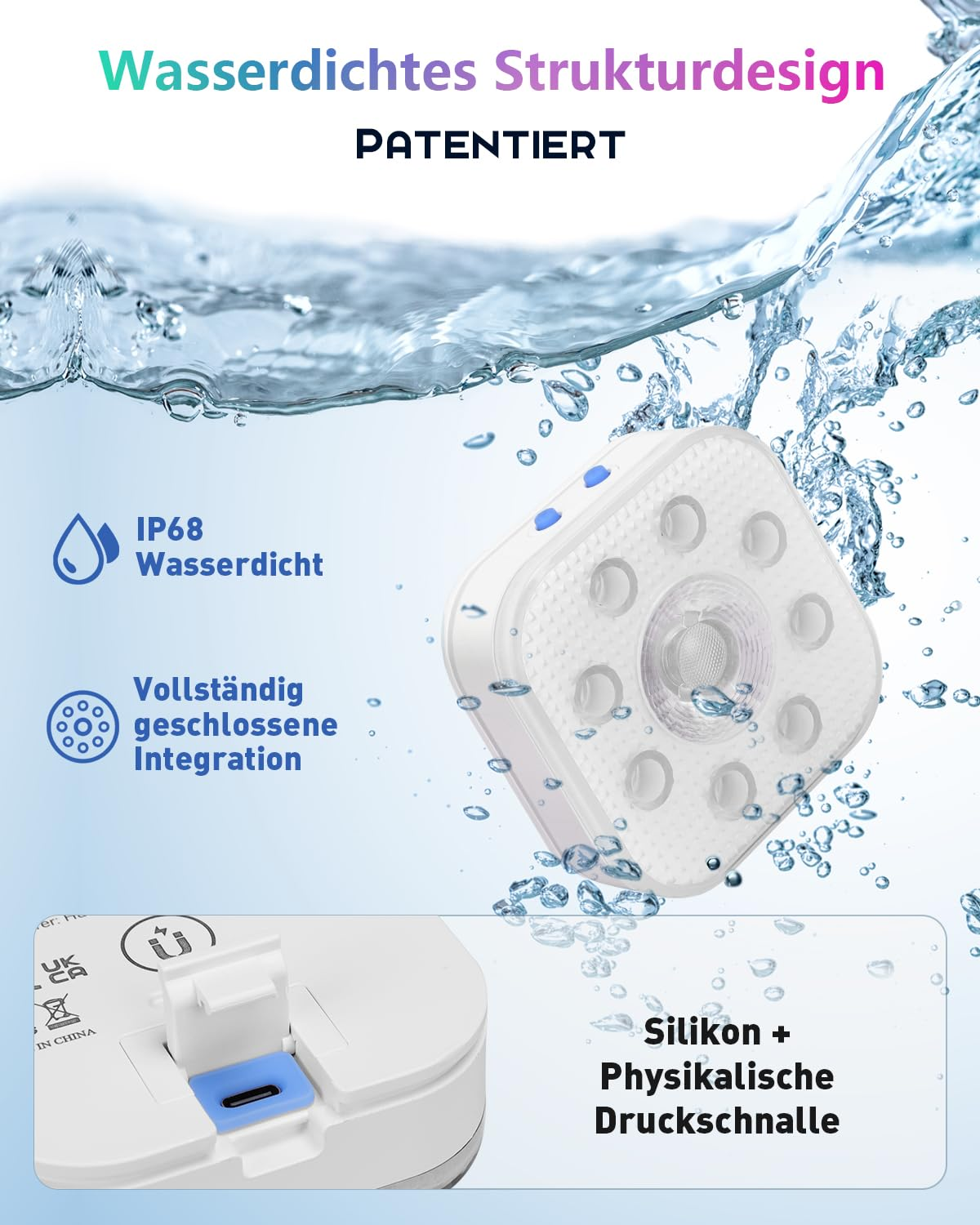 Ein Produktfoto eines wasserdichten Produkts mit Ladeanschluss und Wasserspritzern.