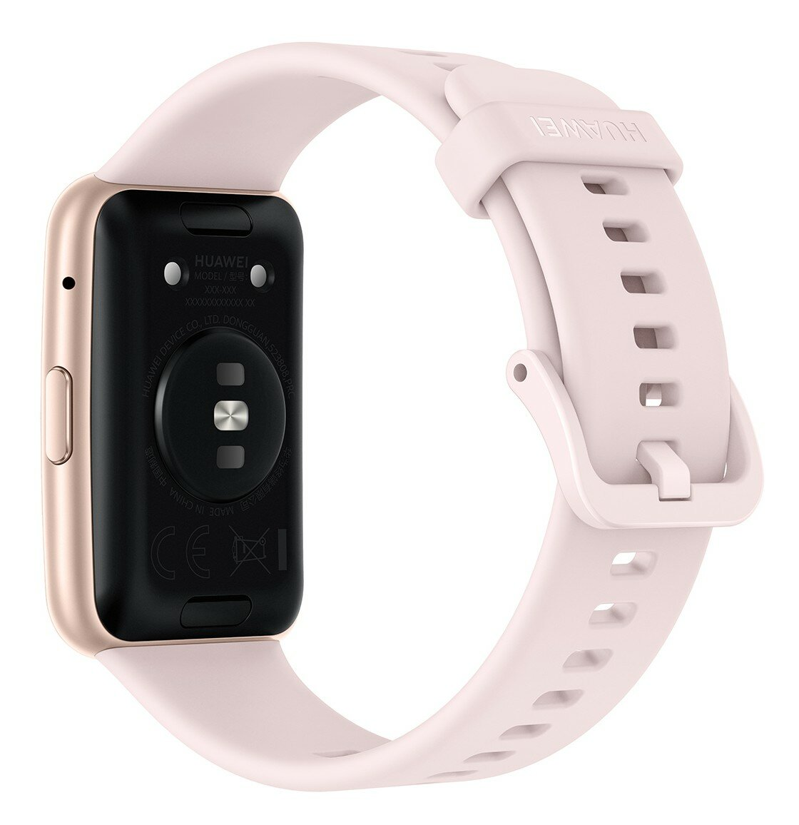Eine rosa Smartwatch mit rosa Armband, zeigt die Rückseite des Geräts mit dem Sensor.