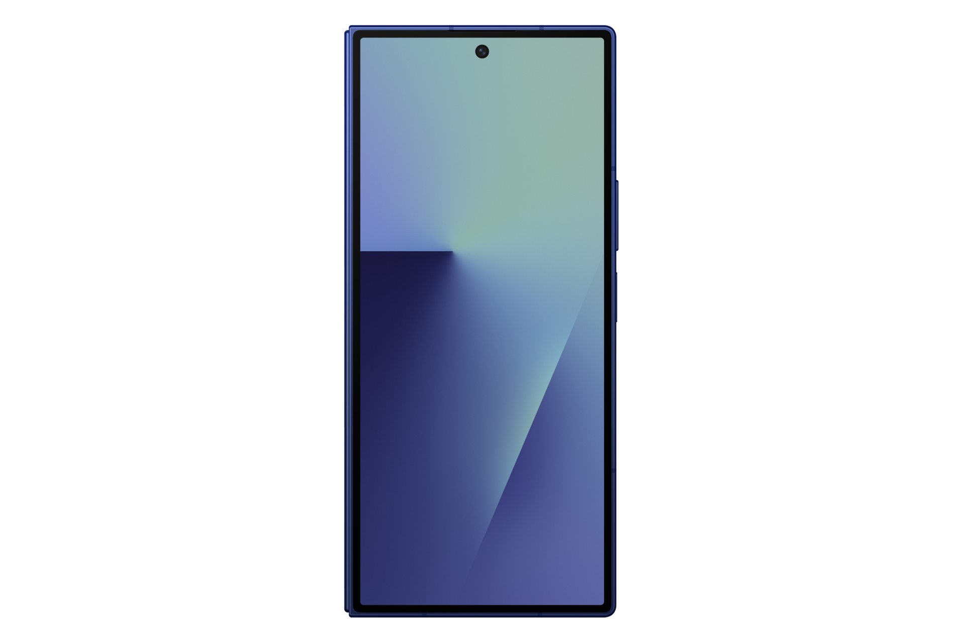 Smartphone mit blauem Farbverlauf, Lochkamera und schwarzem Hintergrund.