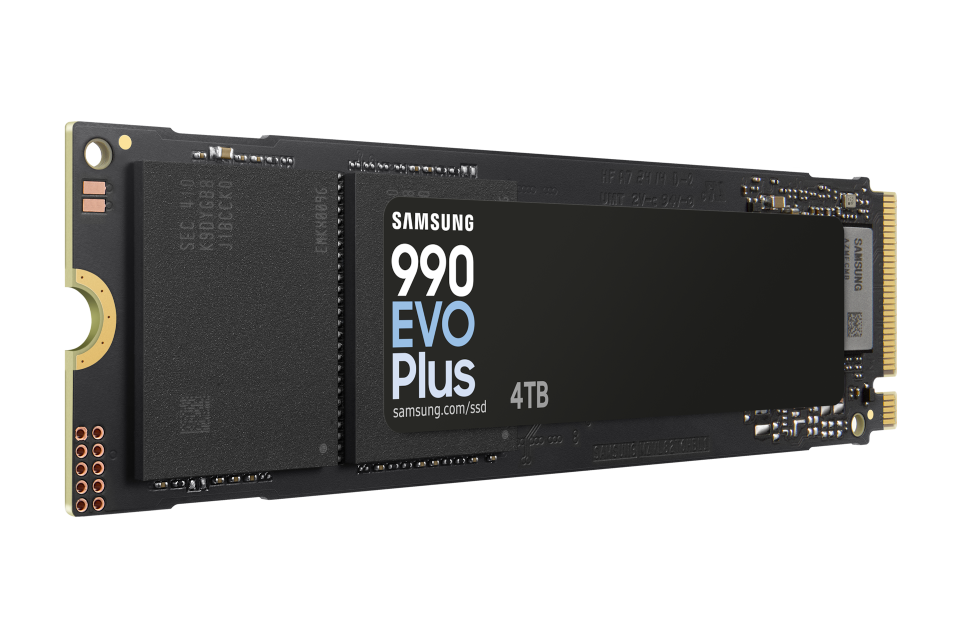 SSD sürücü, siyah ve Samsung 990 EVO Plus etiketi.
